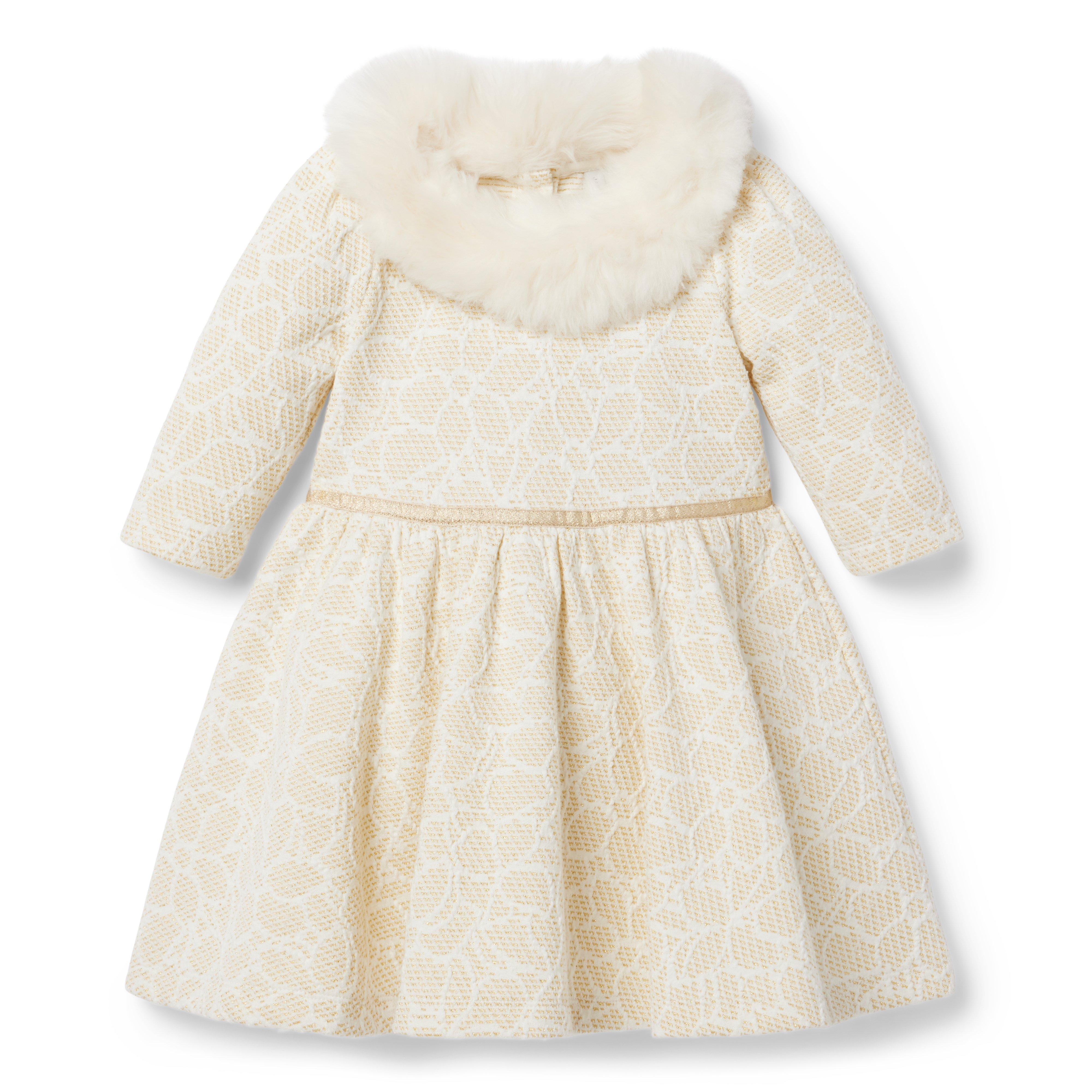 Girl Ivory Floral Floral Jacquard Faux Fur Collared Dress by Janie