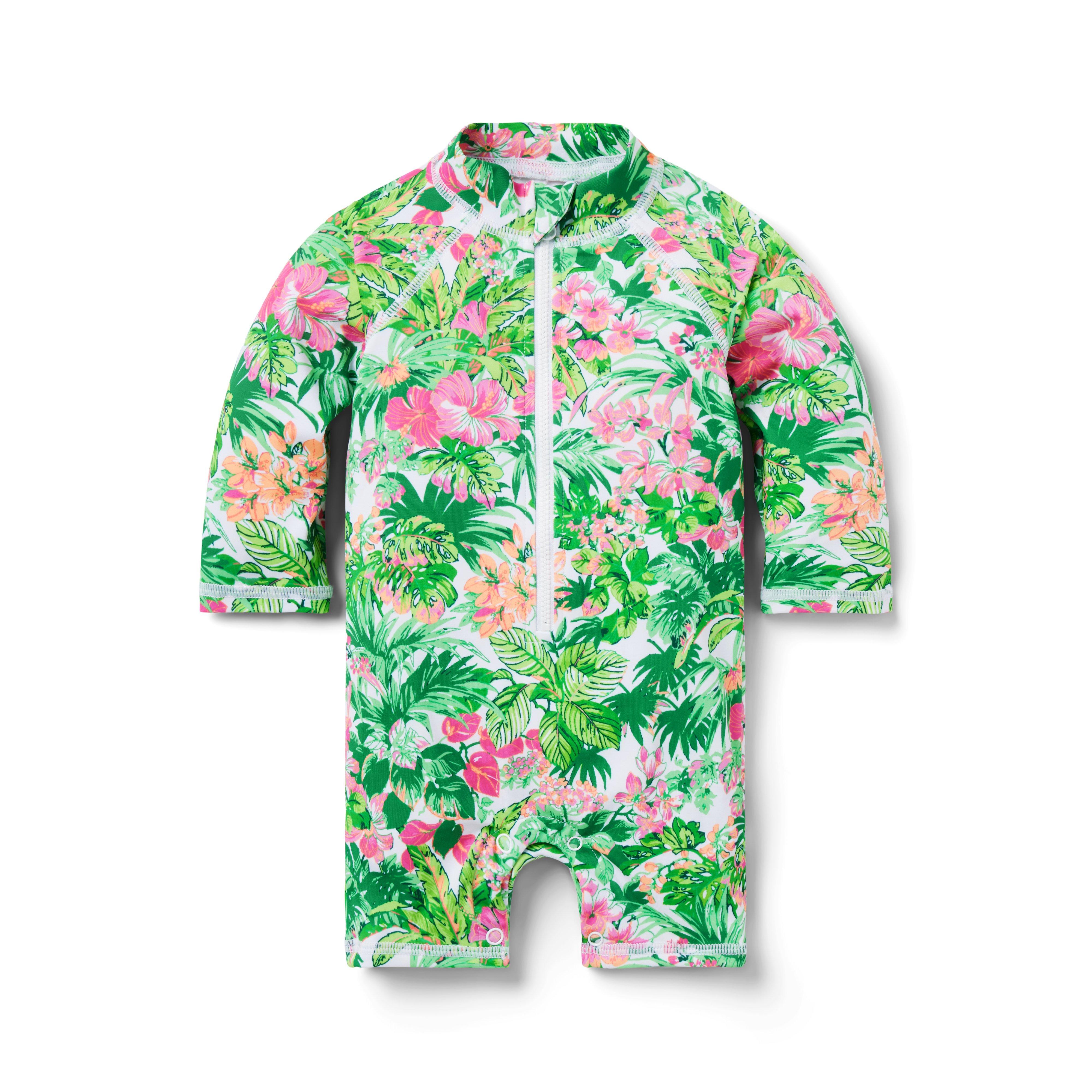 Pink And Green Flower Print Smocked Lycra Rashguard Swimsuit