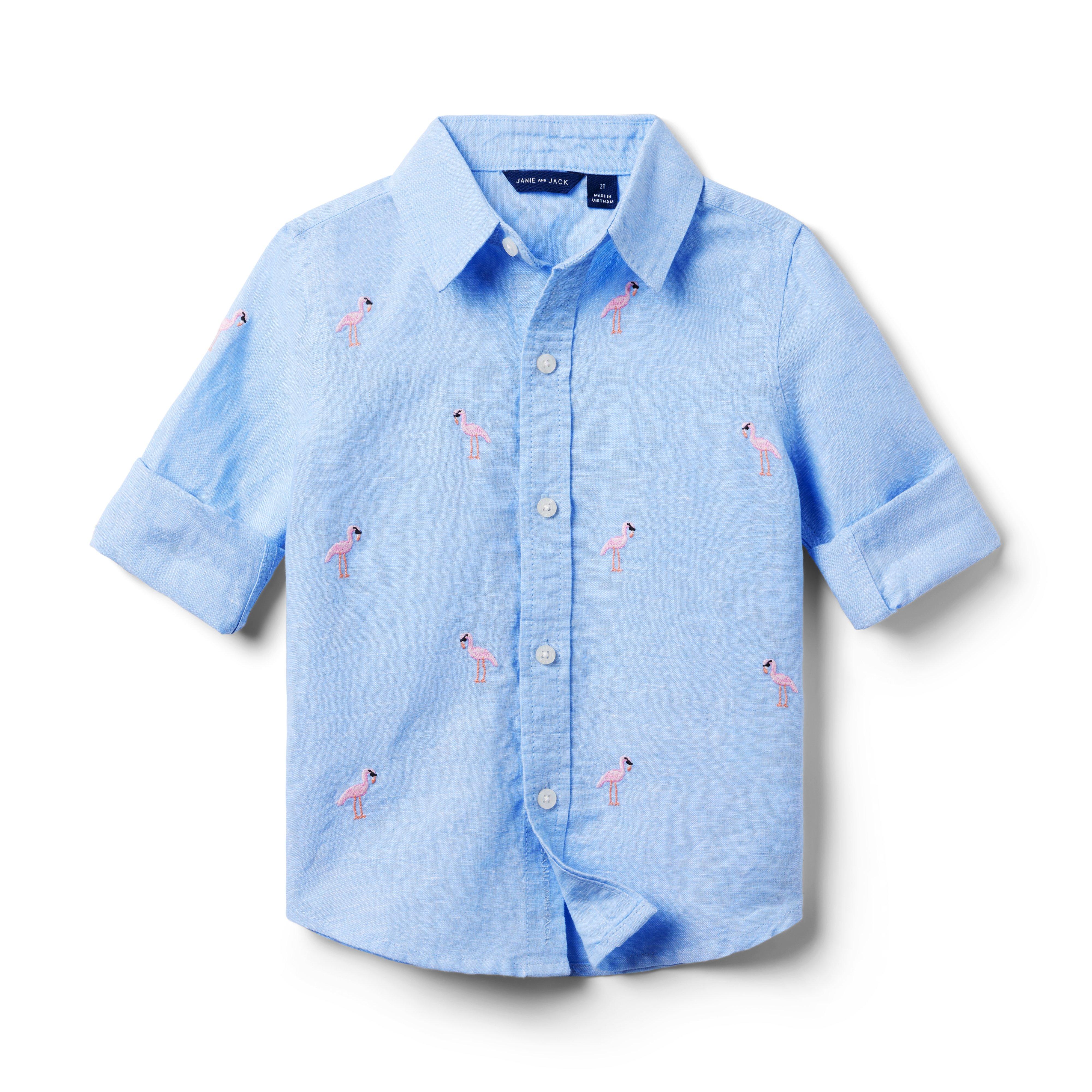 Boy Colombo Blue Embroidered Linen-Cotton Shirt by Janie and Jack