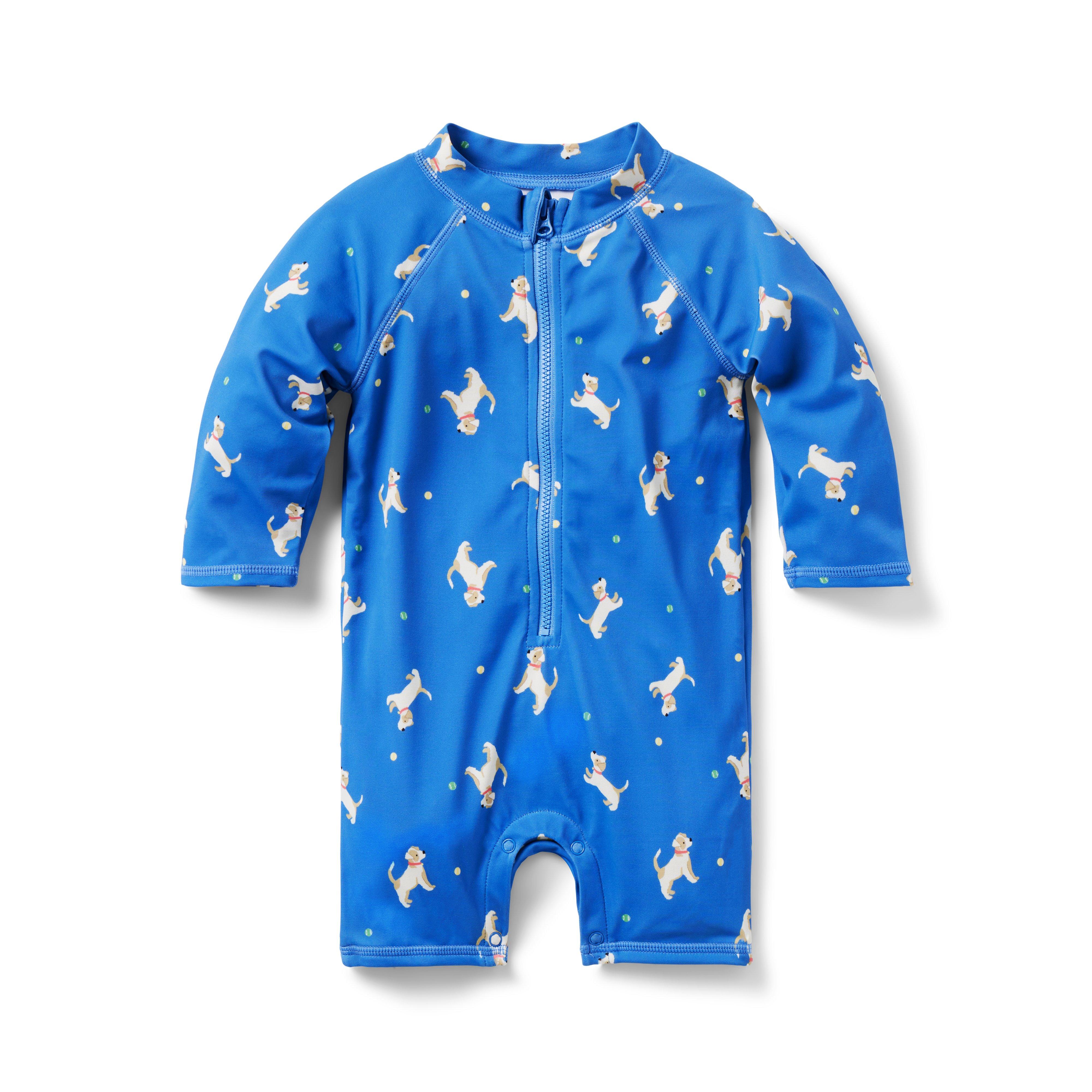 Newborn Bright Blue Dog Baby Recycled Dog Rash Guard Swimsuit by