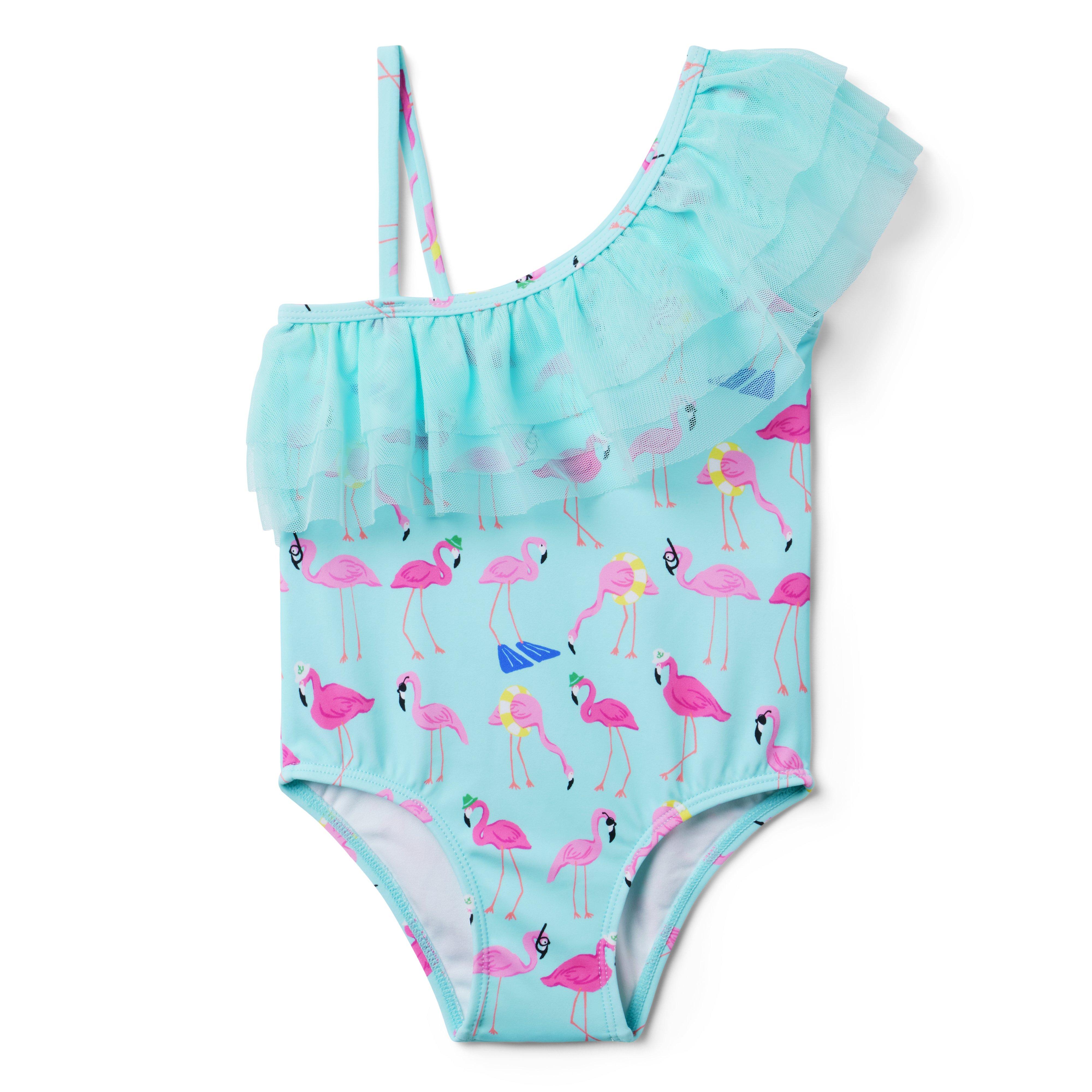 Girl Mint Flamingo Recycled Flamingo Ruffle Shoulder Swimsuit by