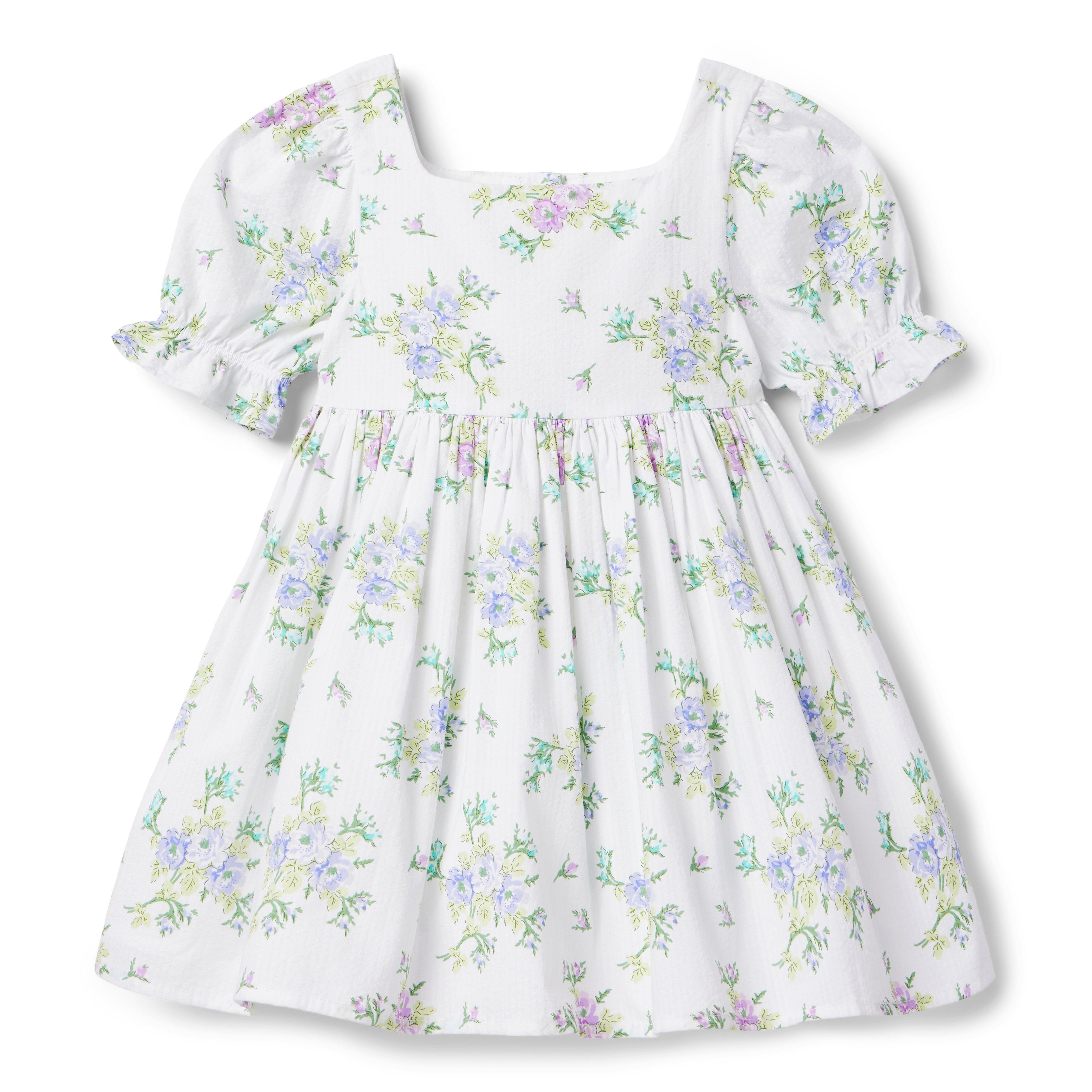 Girl White Floral Floral Seersucker Puff Sleeve Dress by Janie and