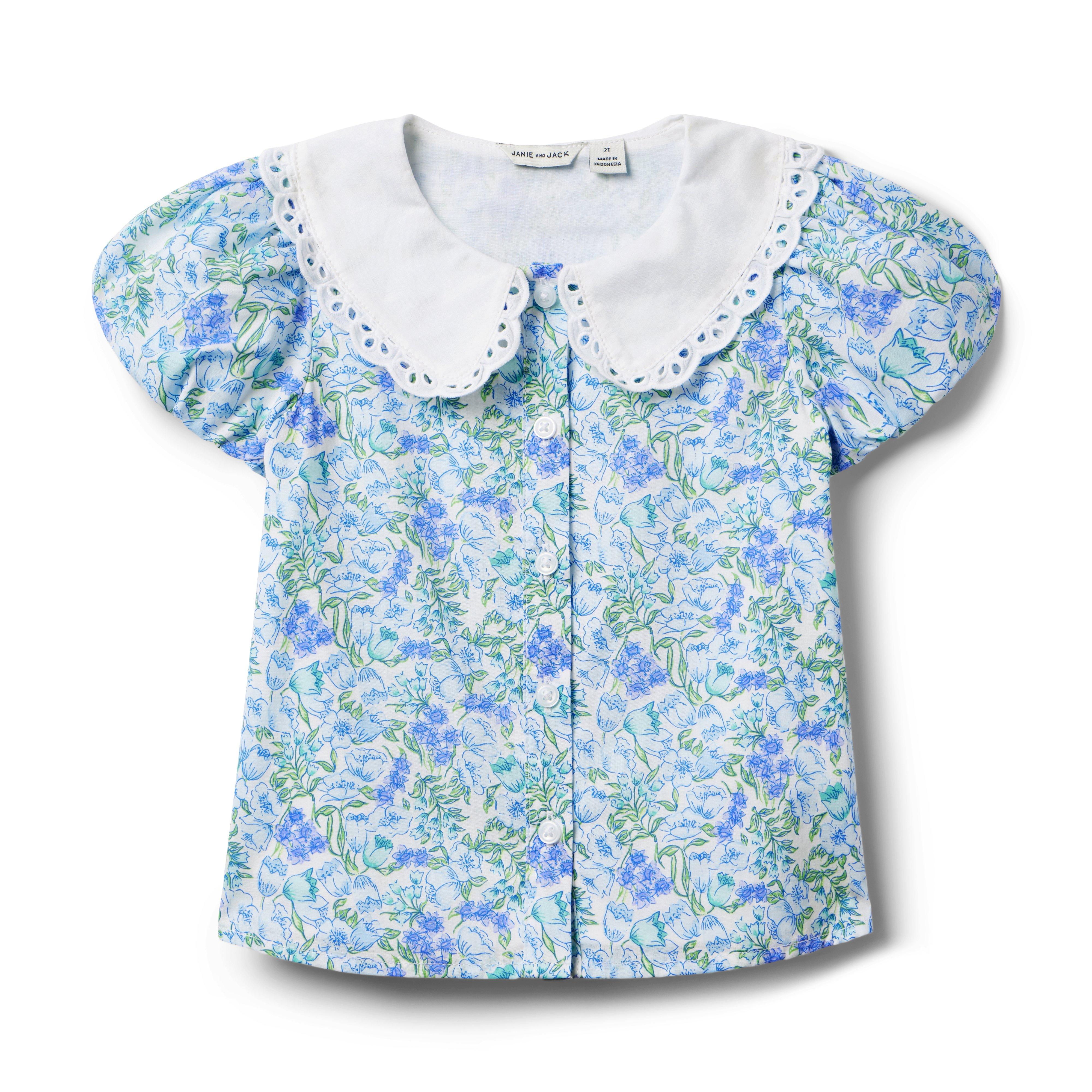 Floral Eyelet Trim Collar Top