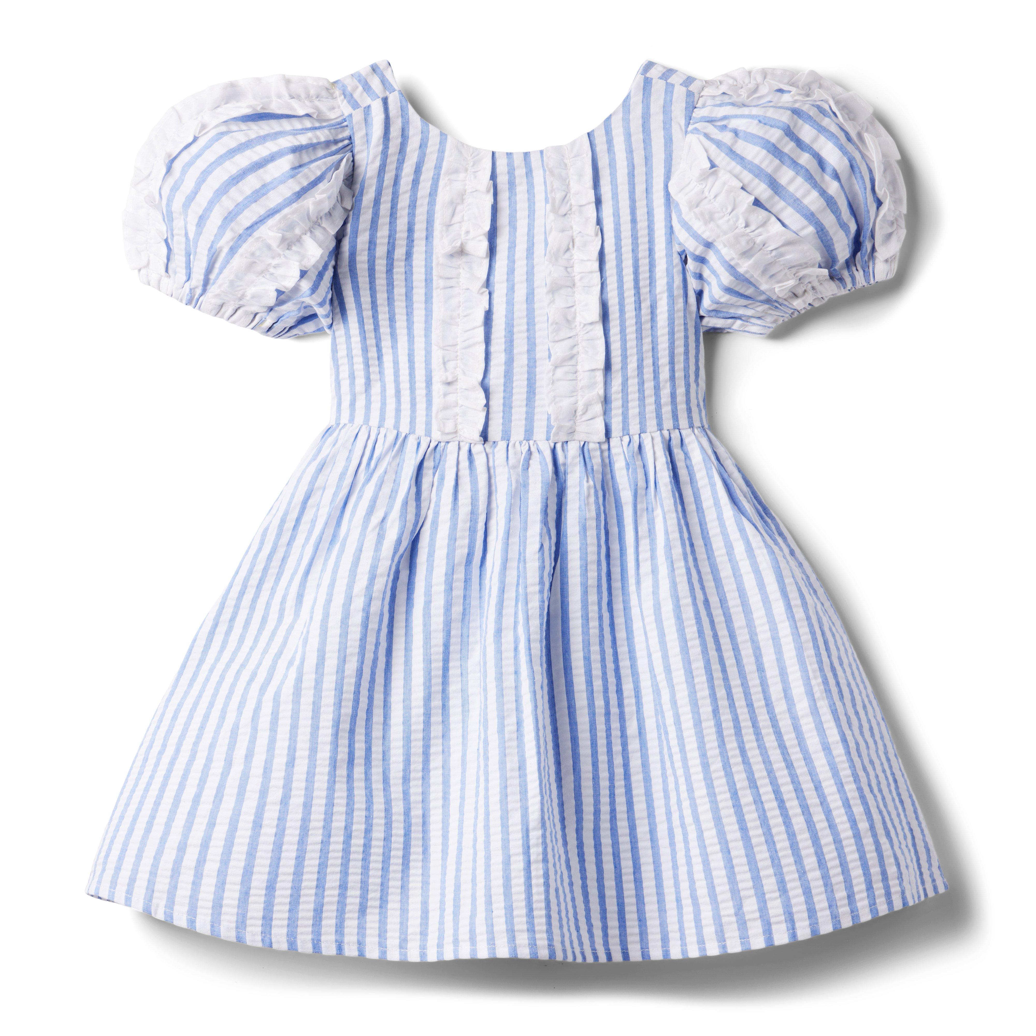 Girl French Blue Stripe Striped Seersucker Puff Sleeve Dress by Janie ...