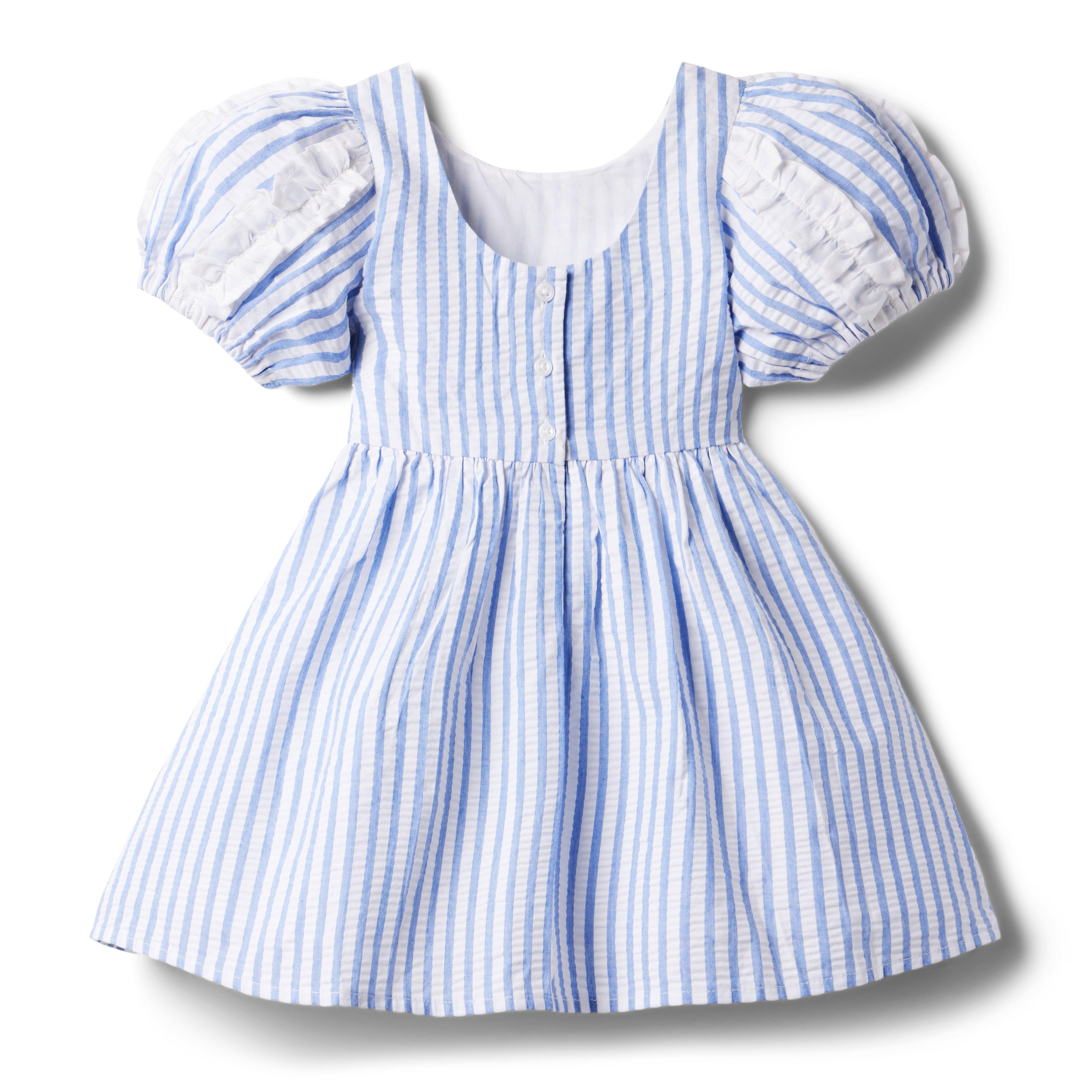 Striped Seersucker Puff Sleeve Dress