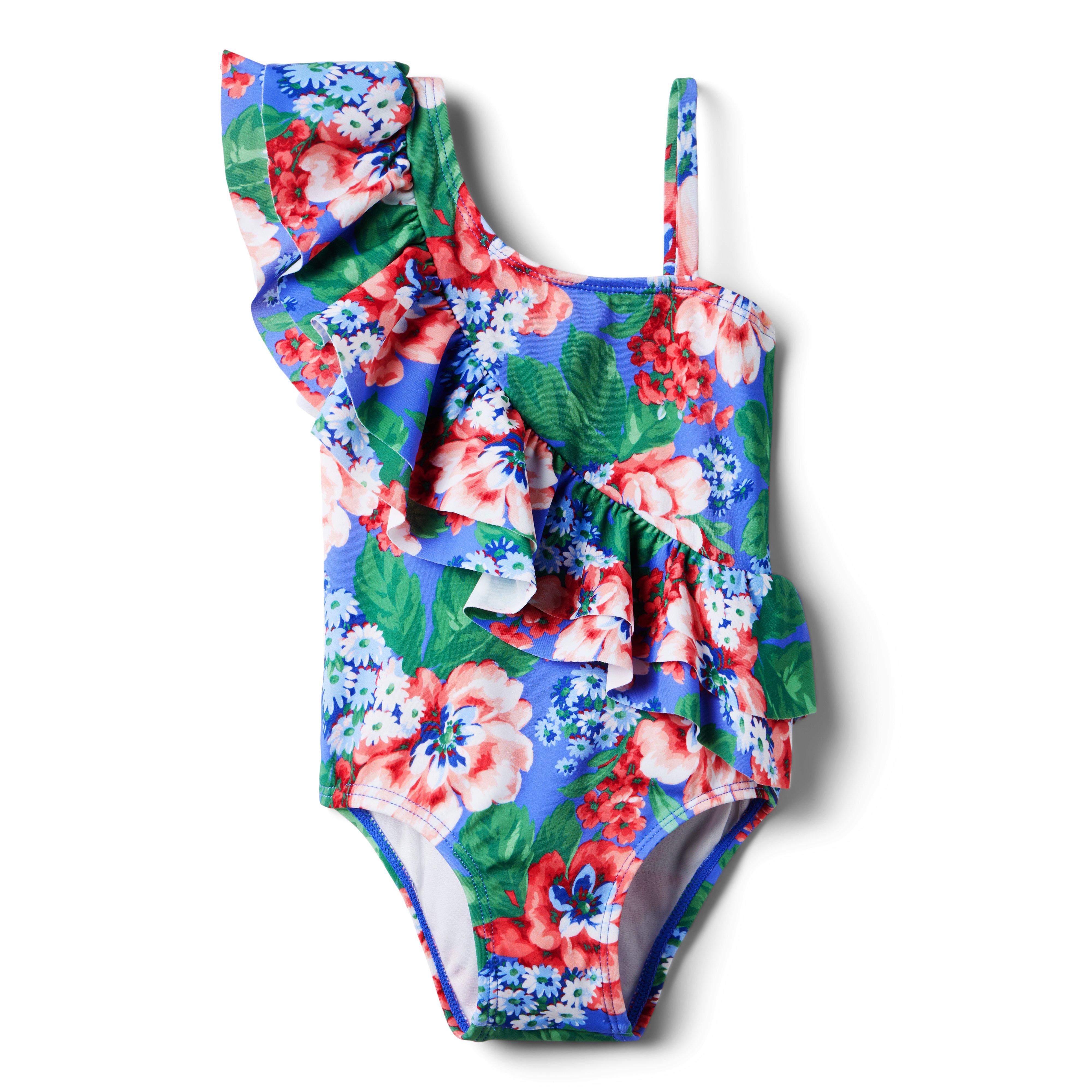 Girl Midday Blue Floral Recycled Floral Ruffle Shoulder Swimsuit by ...