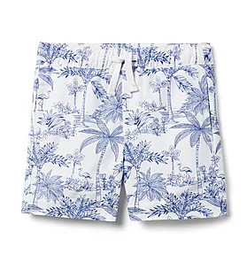 Tropical Toile Linen-Cotton Pull-On Short