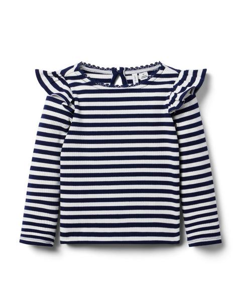 Striped Ribbed Ruffle Shoulder Top