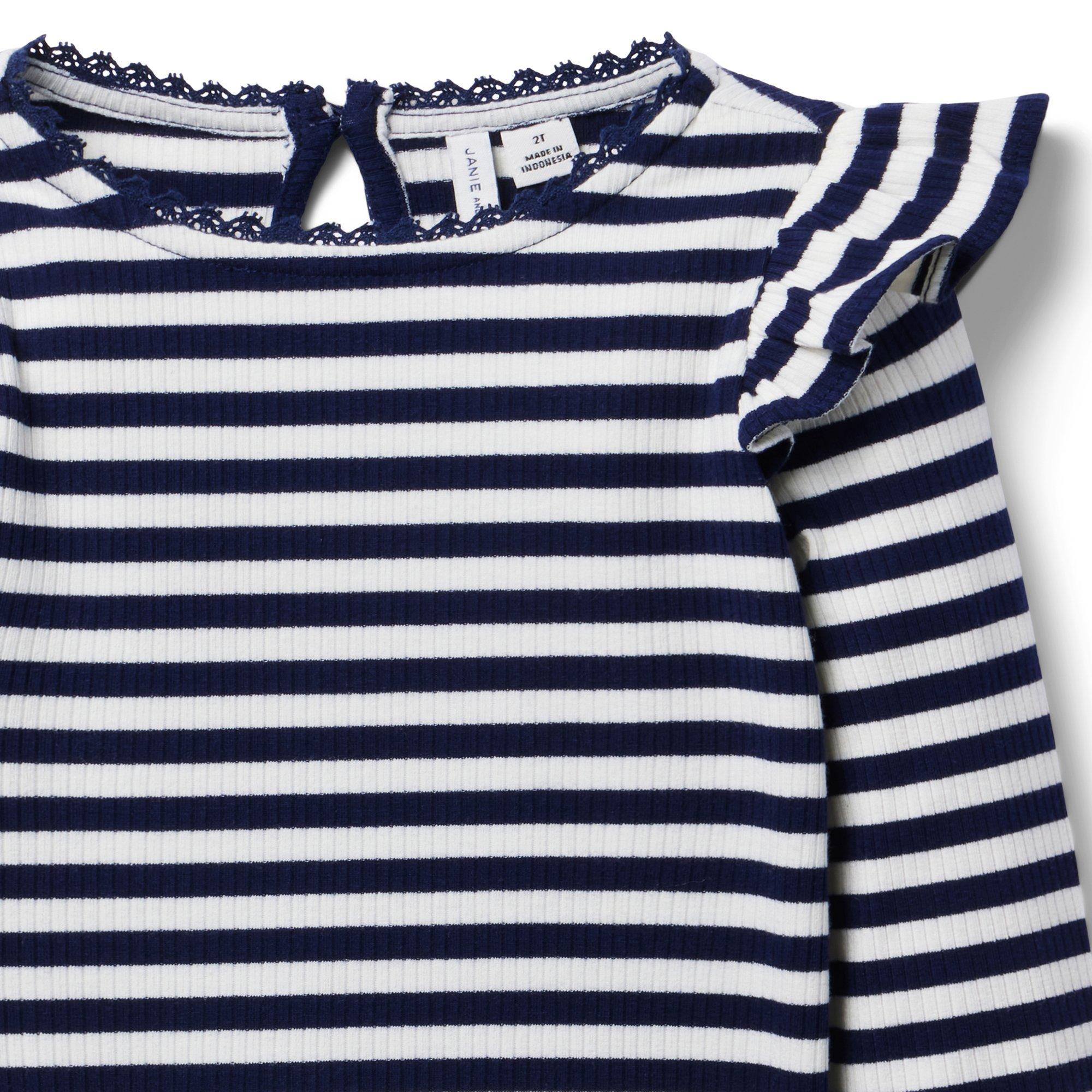 Striped Ribbed Ruffle Shoulder Top image number 3