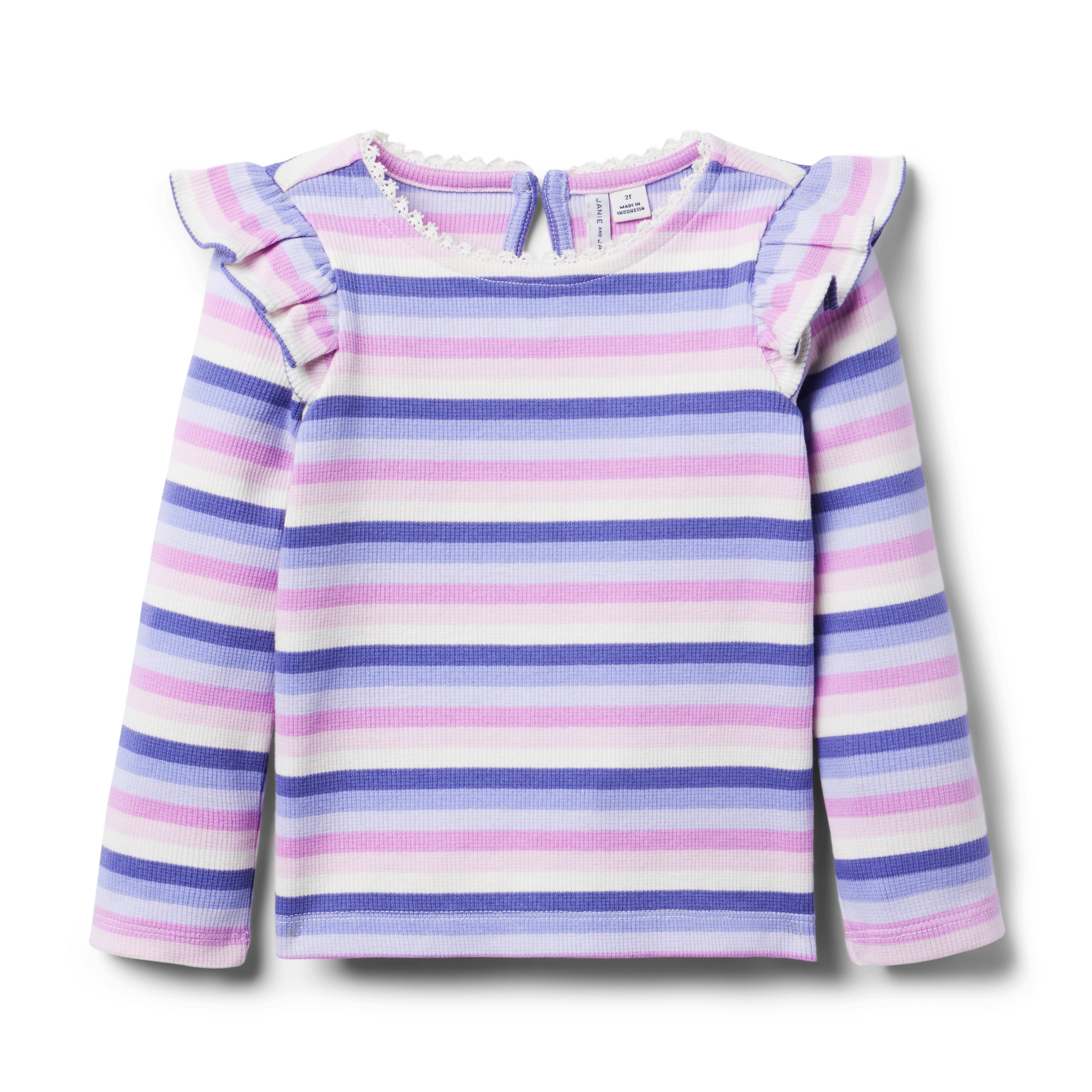 Striped Ribbed Ruffle Shoulder Top