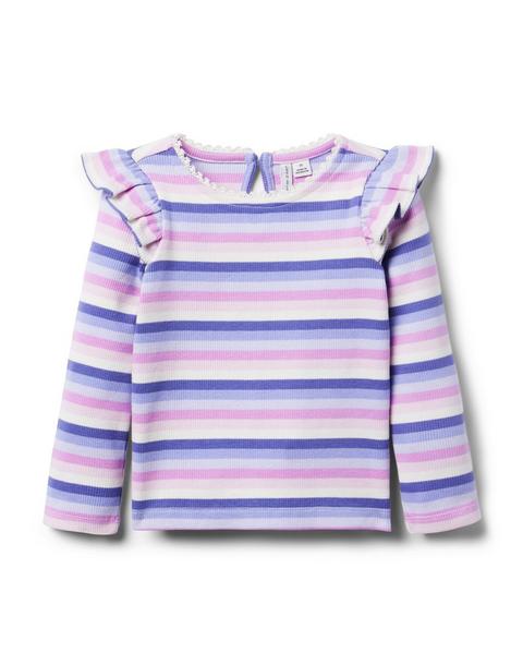 Striped Ribbed Ruffle Shoulder Top
