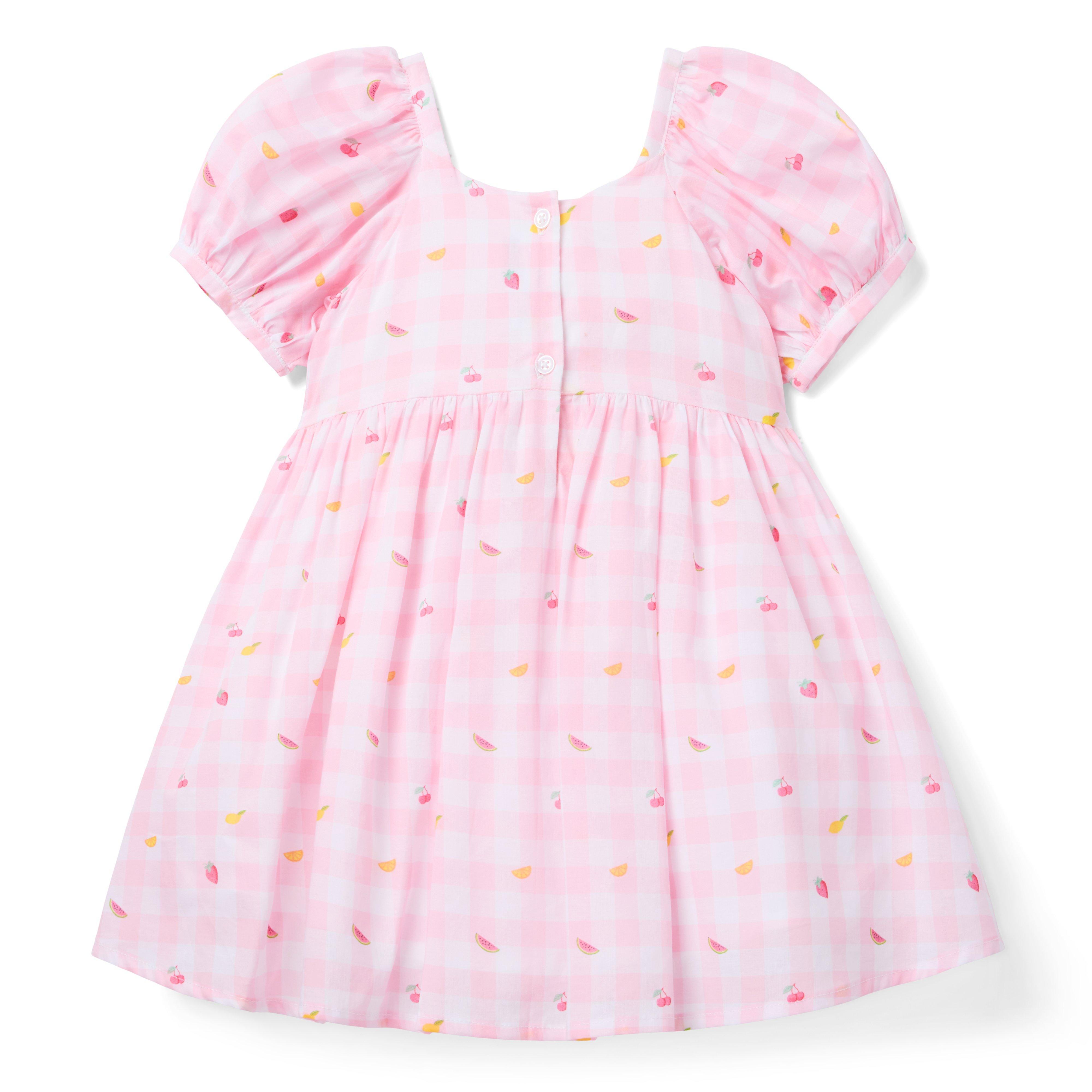 Girl Light Pink Gingham Fruit Gingham Fruit Puff Sleeve Dress by Janie ...