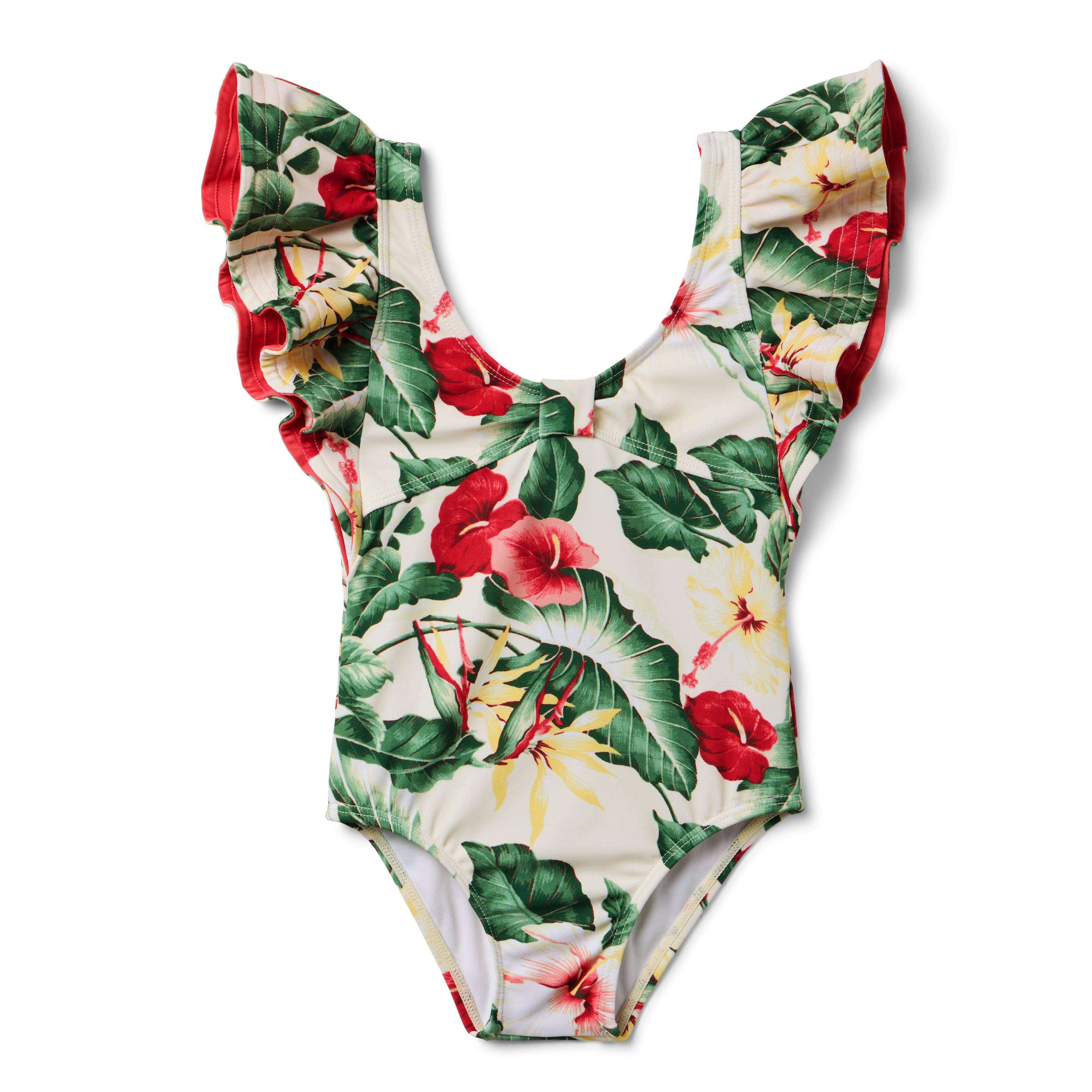 Recycled Tropical Floral Ruffle Sleeve Swimsuit