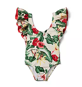 Recycled Tropical Floral Ruffle Sleeve Swimsuit