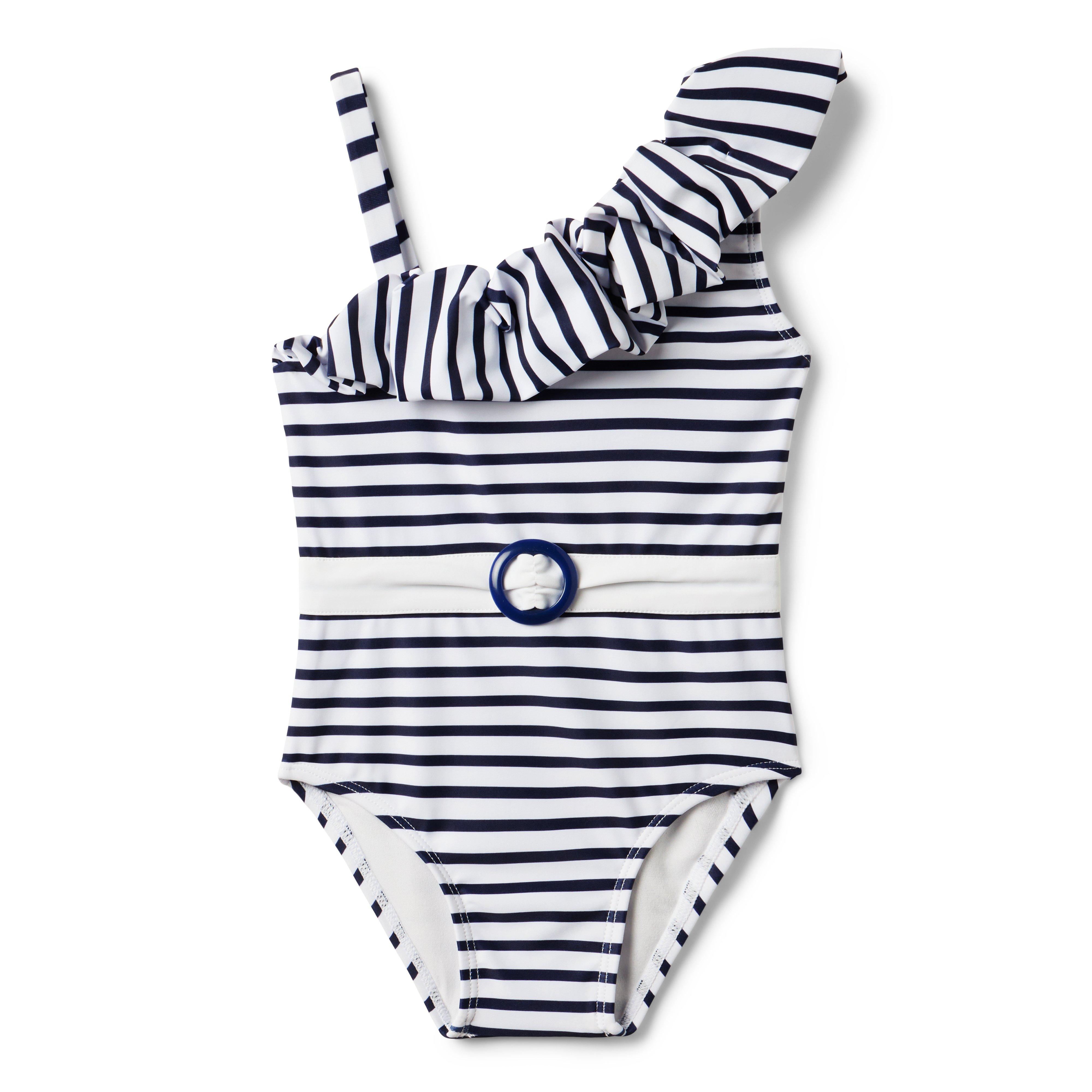 Recycled Striped Ruffle Shoulder Swimsuit