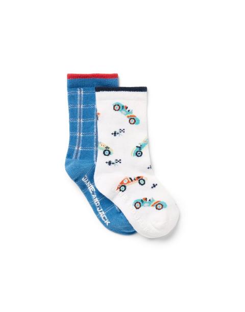 Race Car And Plaid Sock 2-Pack - Jet Ivory Car And Soft Blue Plaid