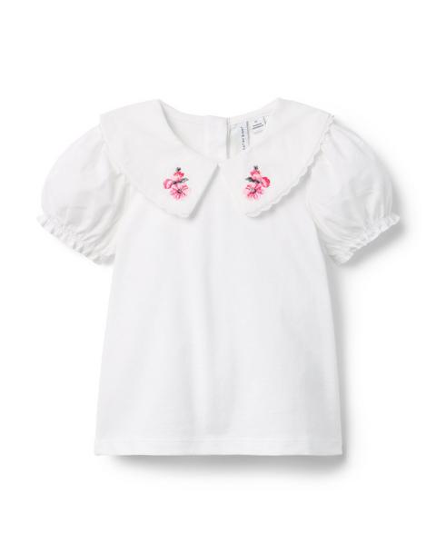 Embroidered Collar Puff Sleeve Top