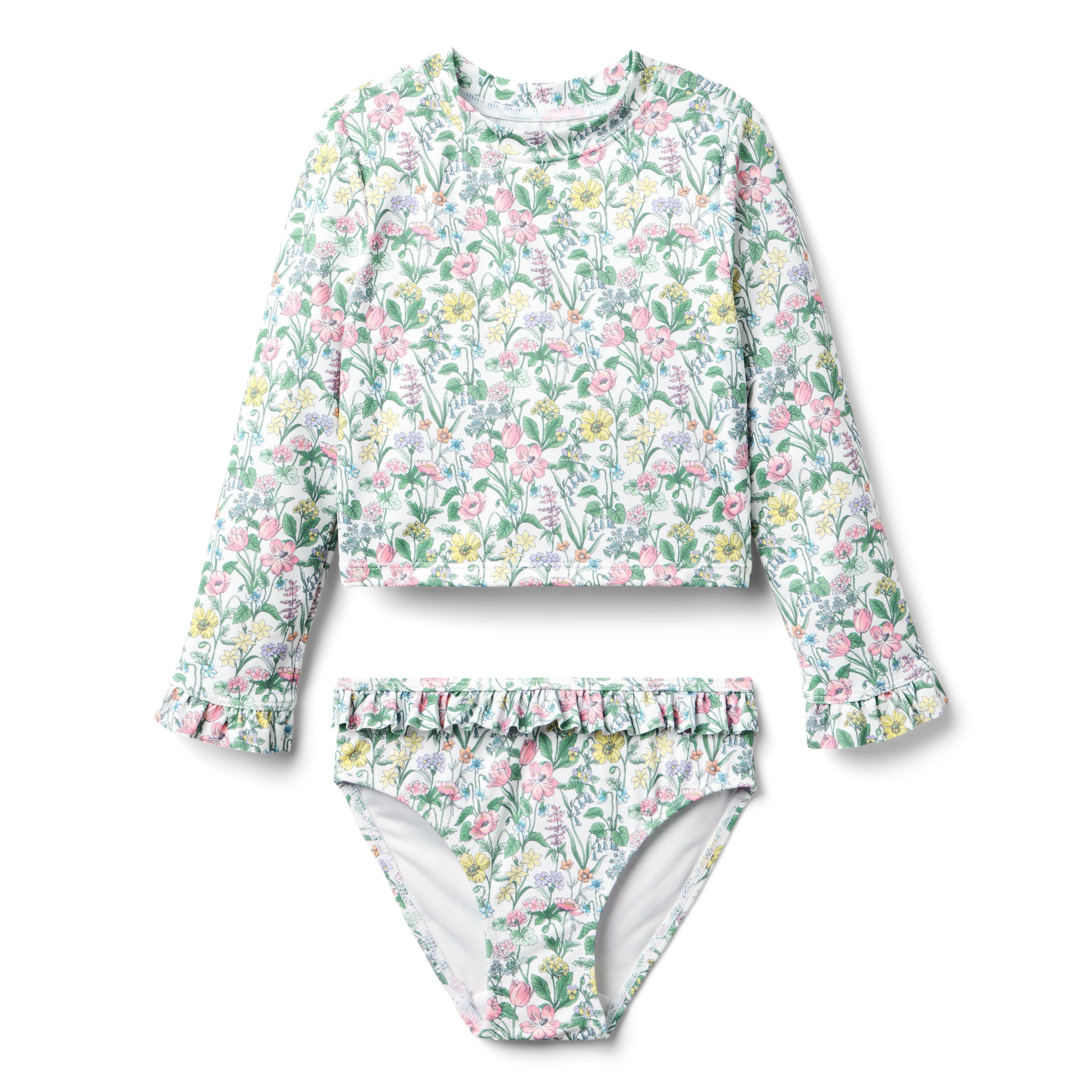 Recycled Floral Ruffle Rash Guard Swimsuit