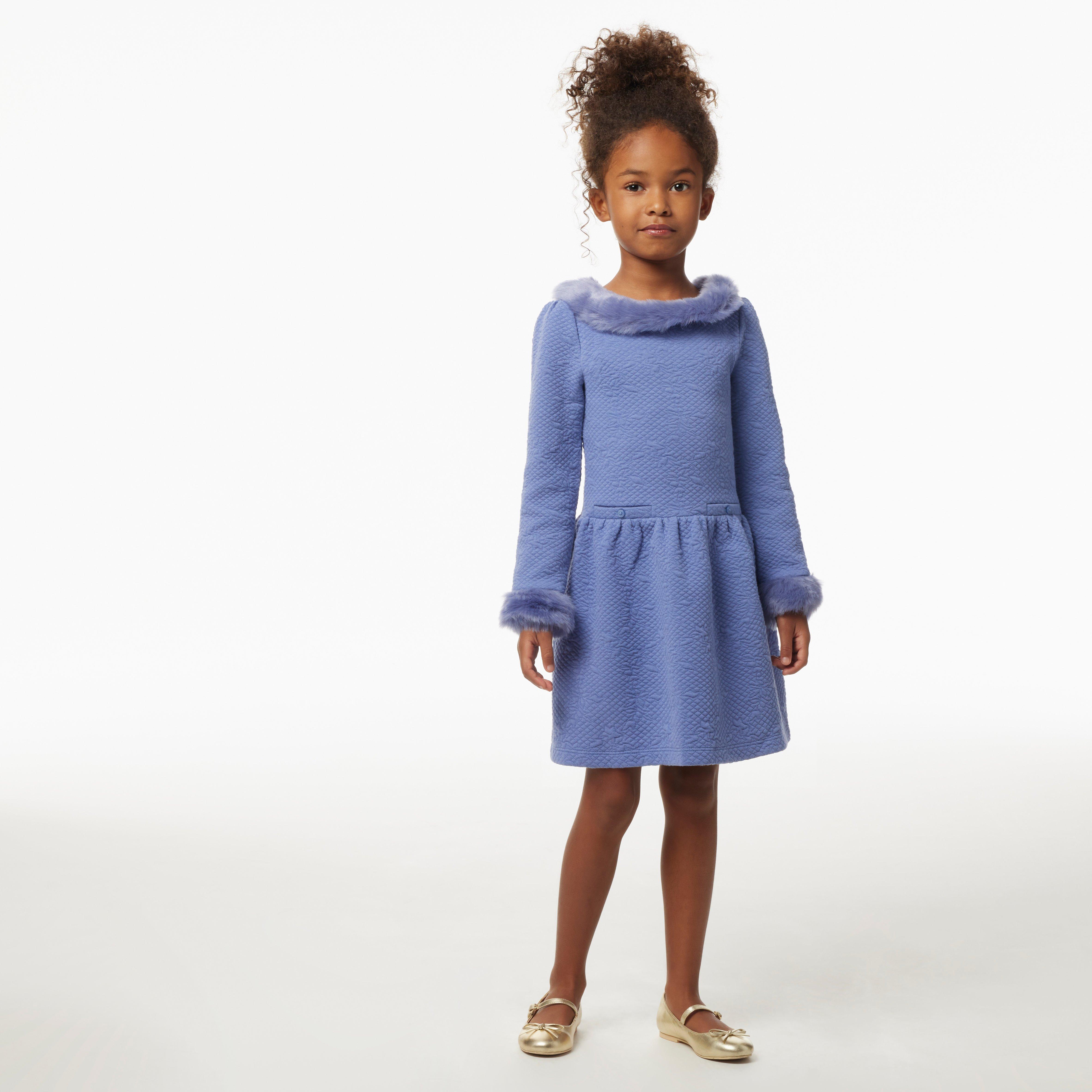 Girl Periwinkle Morning Quilted Faux Fur Trim Jacquard Dress by