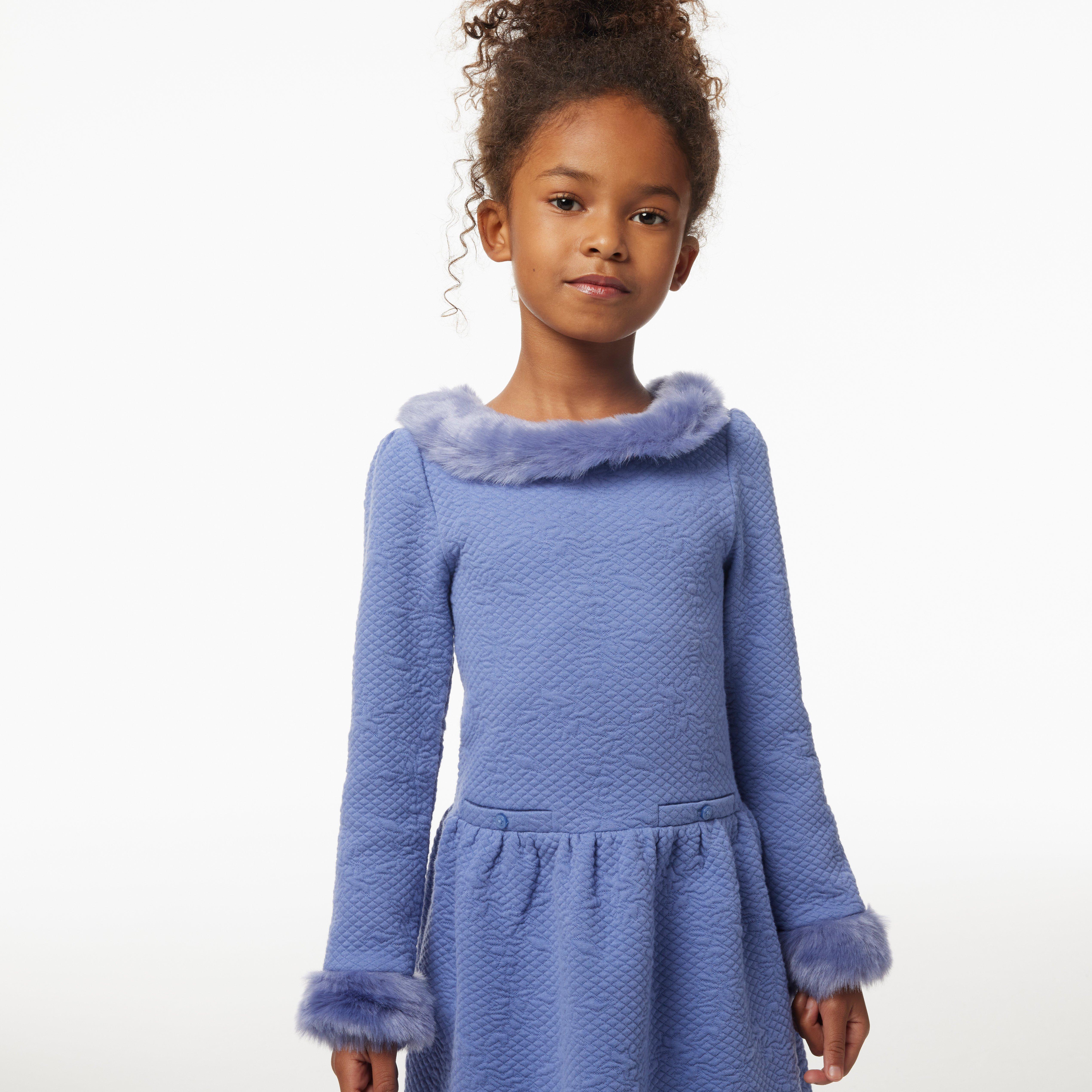 Quilted Faux Fur Trim Jacquard Dress  image number 2