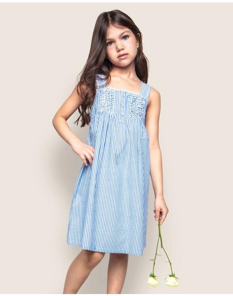 Girl's Twill Charlotte Nightgown in French Blue Seersucker