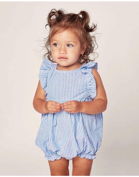 Baby's Twill Ruffled Romper in French Blue Seersucker