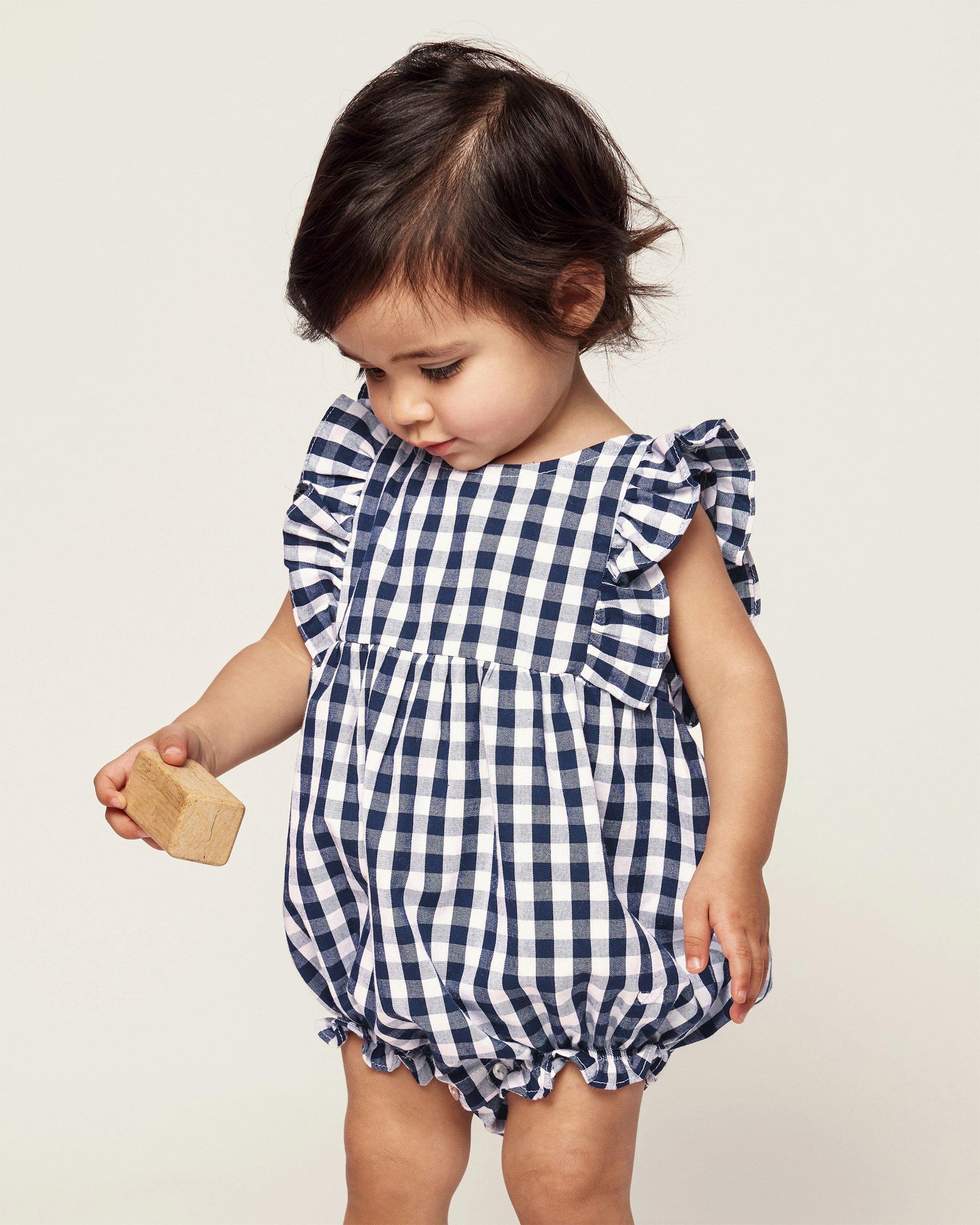 Navy Gingham Ruffled Romper