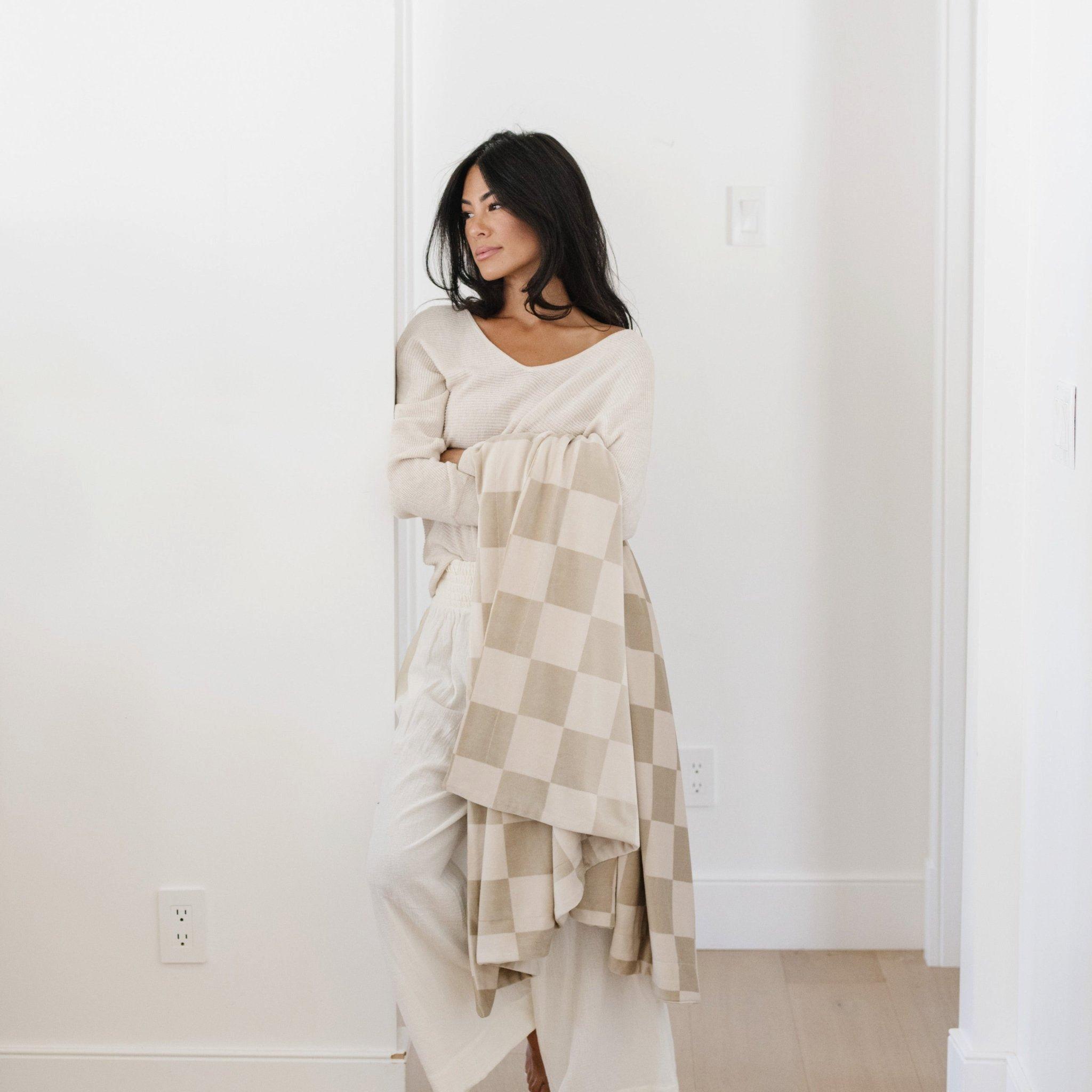 Minky Stretch Blanket in Neutral Checkered image number 2