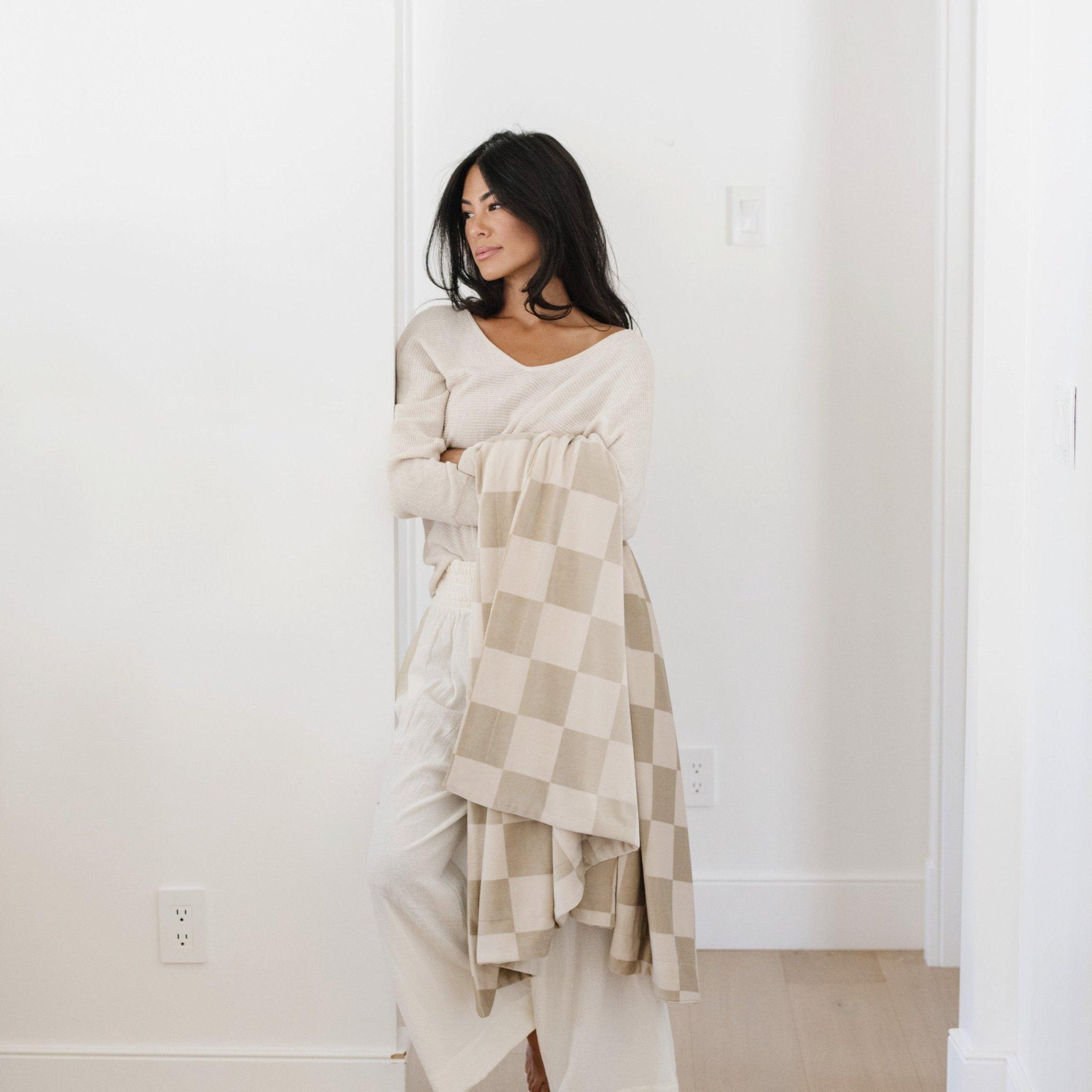 Minky Stretch Blanket in Neutral Checkered image number 1