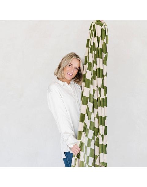 Minky Stretch Blanket in Olive Checkered