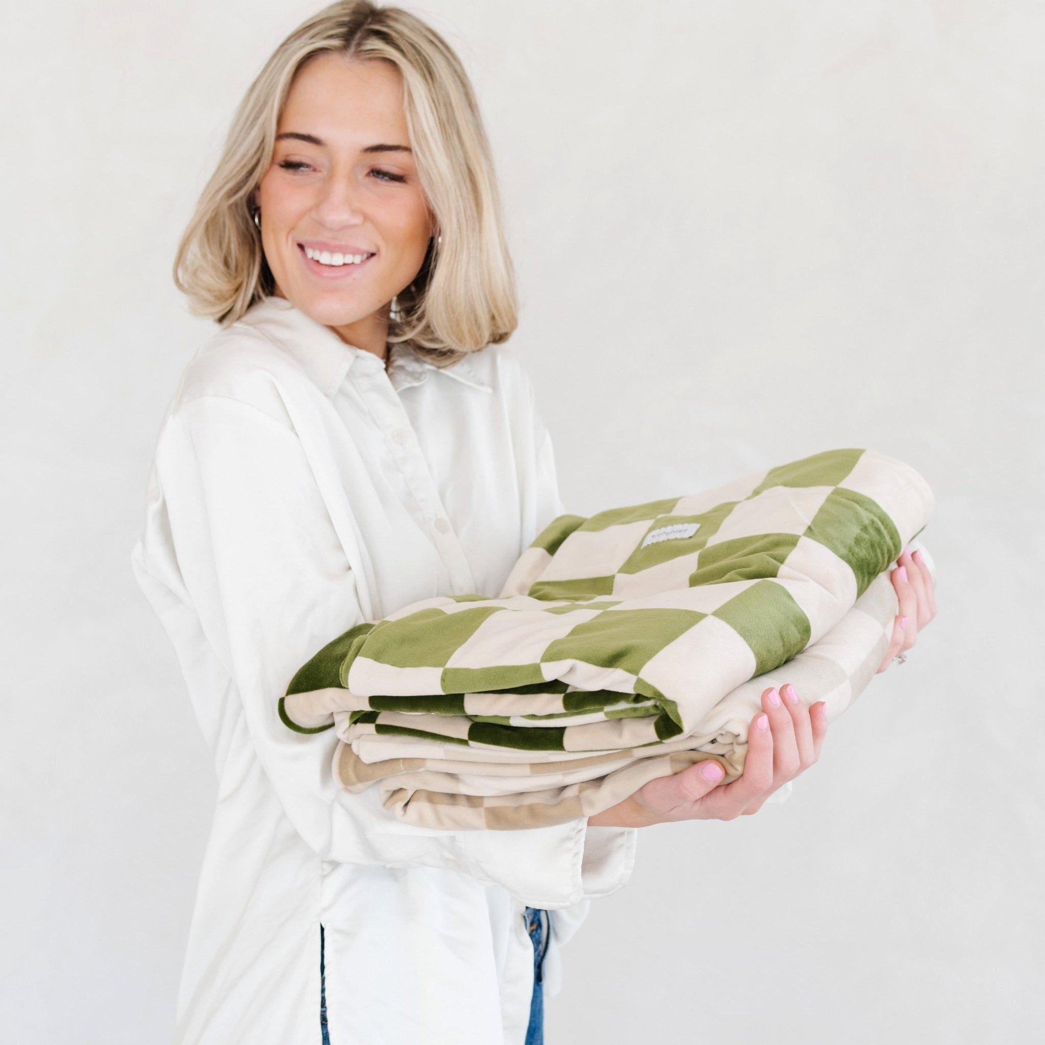 Minky Stretch Receiving Blanket in Olive Checkered image number 2