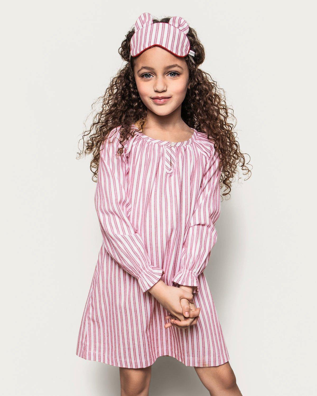Girl's Twill Delphine Nightgown in Antique Red Ticking