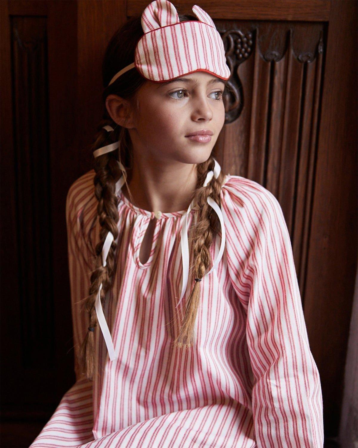 Girl's Twill Delphine Nightgown in Antique Red Ticking image number 3