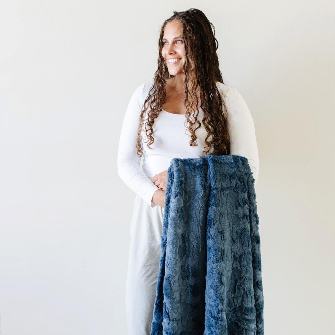 Patterned Faux Fur Throw Blanket in Indigo image number 2