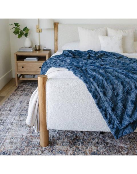 Patterned Faux Fur Throw Blanket in Indigo