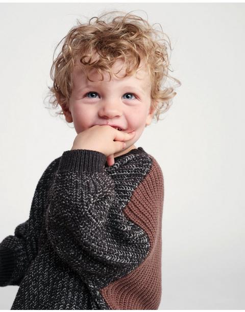 Long Sleeve Sweater Chunky - Black Melange/Brown