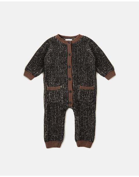 Long Sleeve Chunky Romper - Black Melange/Brown