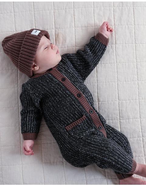 Long Sleeve Chunky Romper - Black Melange/Brown