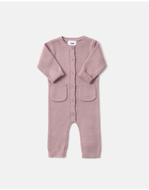 Long Sleeve Ribbed Romper - Ash Rose