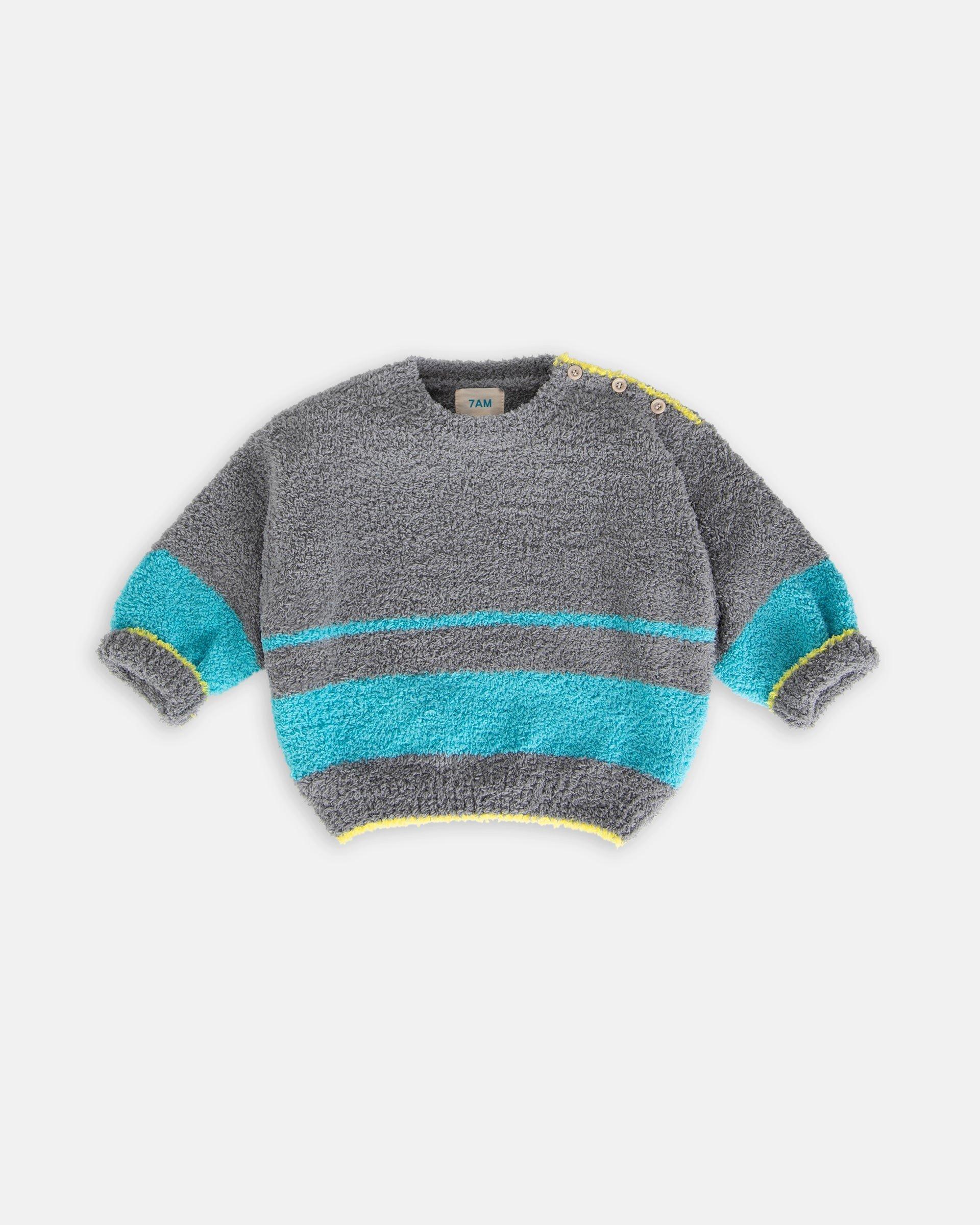Boxy Striped Sweater Fuzzy - Gris/Bright Cyan image number 2