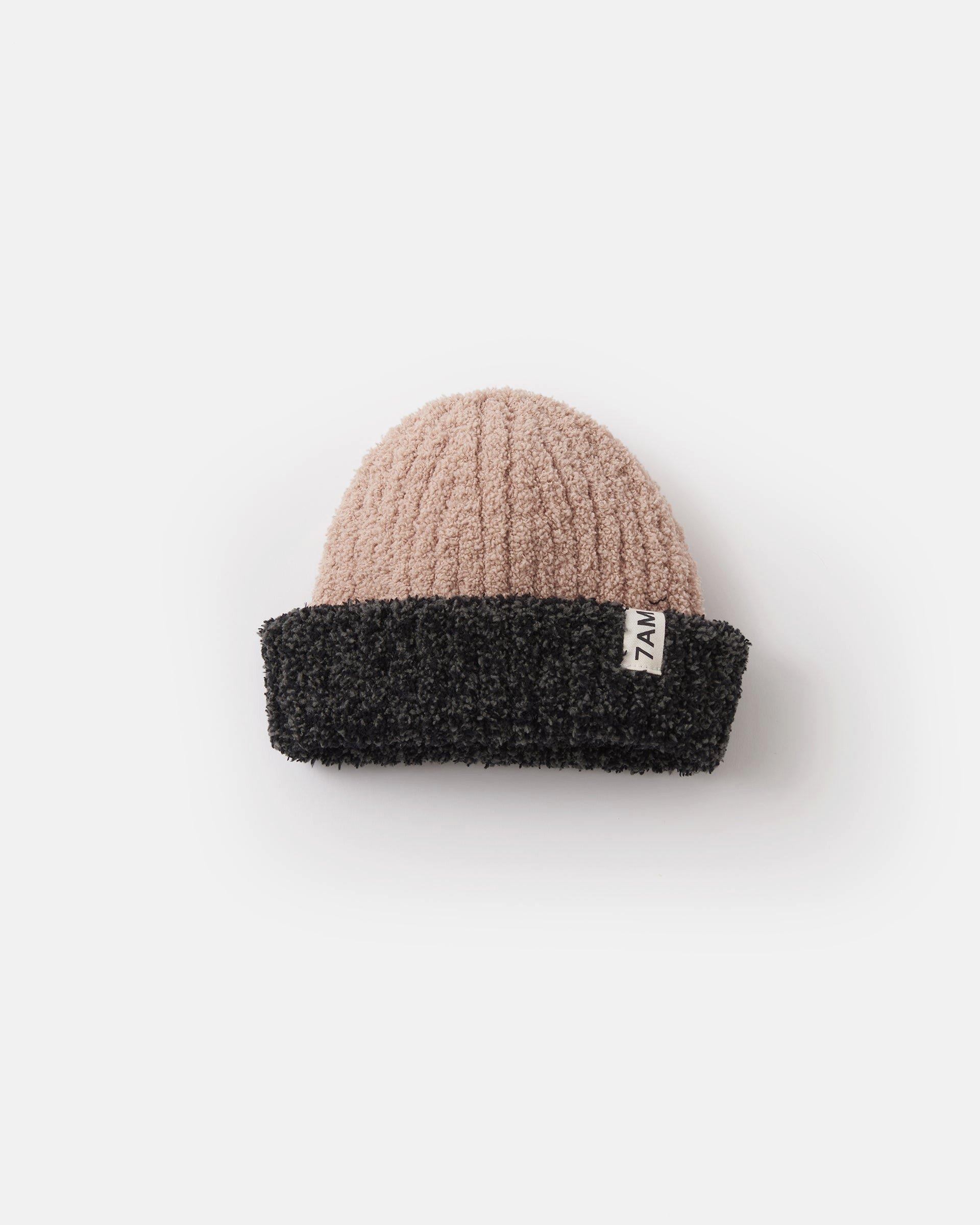 2-Tone Ribbed Beanie Fuzzy - Pecan/Black Melange