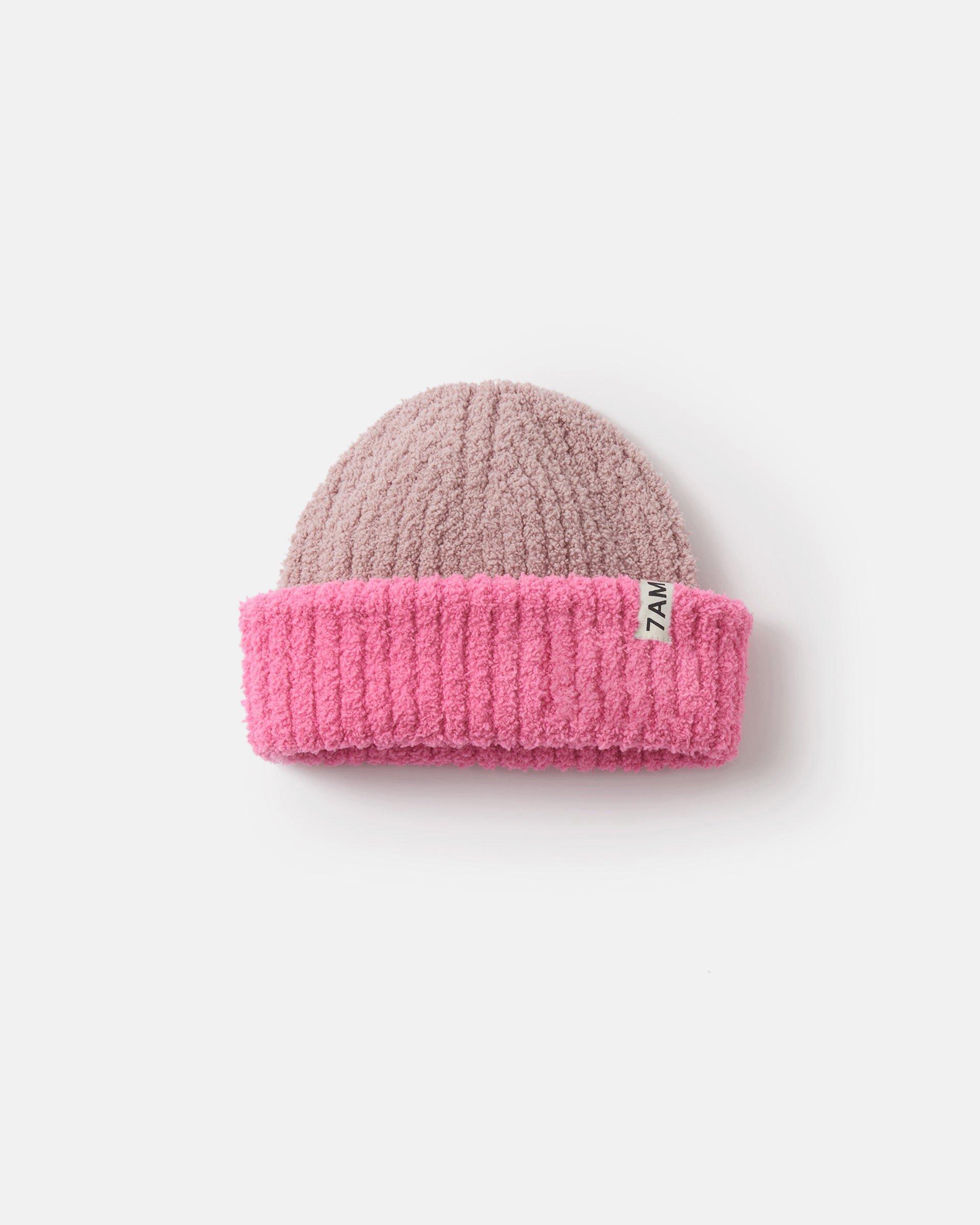 2-Tone Ribbed Beanie Fuzzy - Ash Rose/Vivid Pink