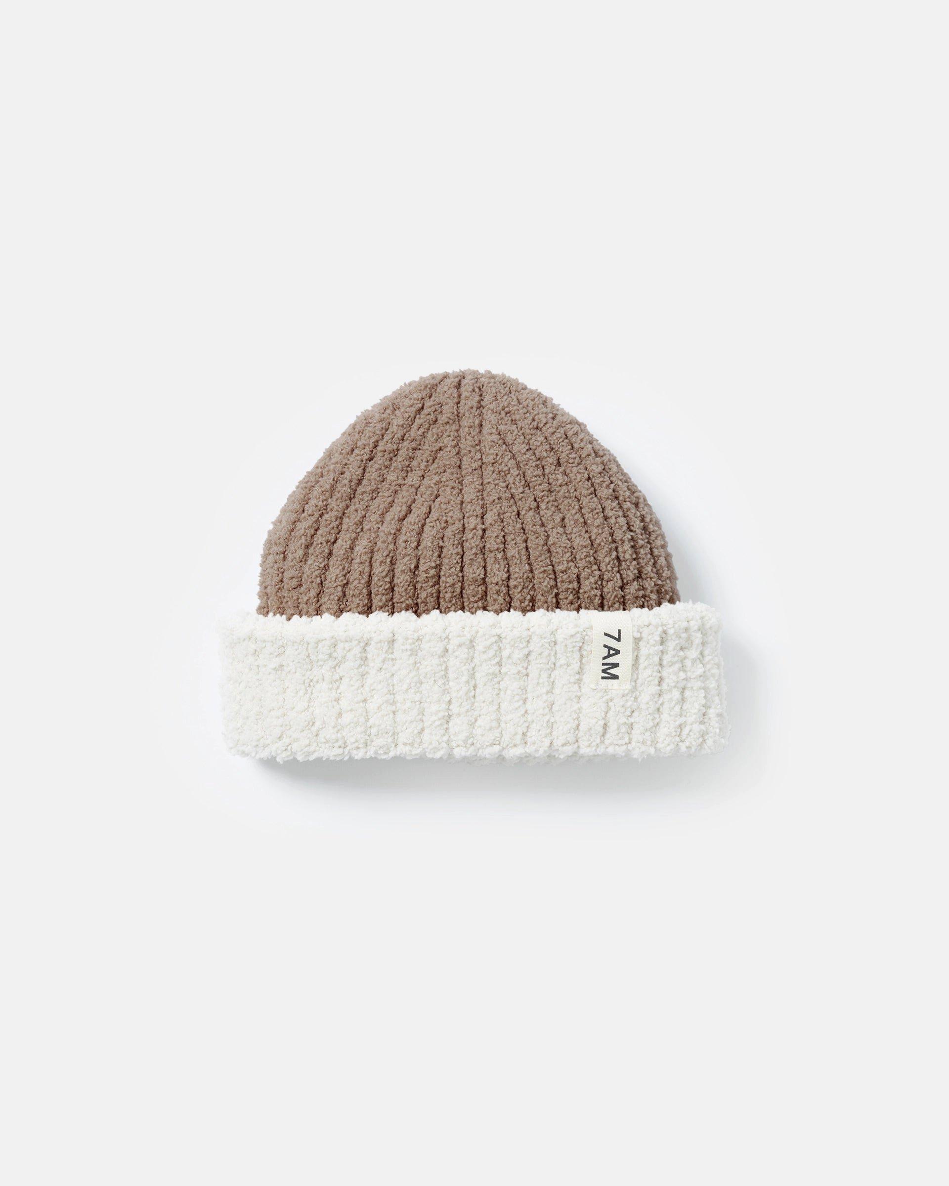 2-Tone Ribbed Beanie Fuzzy - Taupe/Ecru
