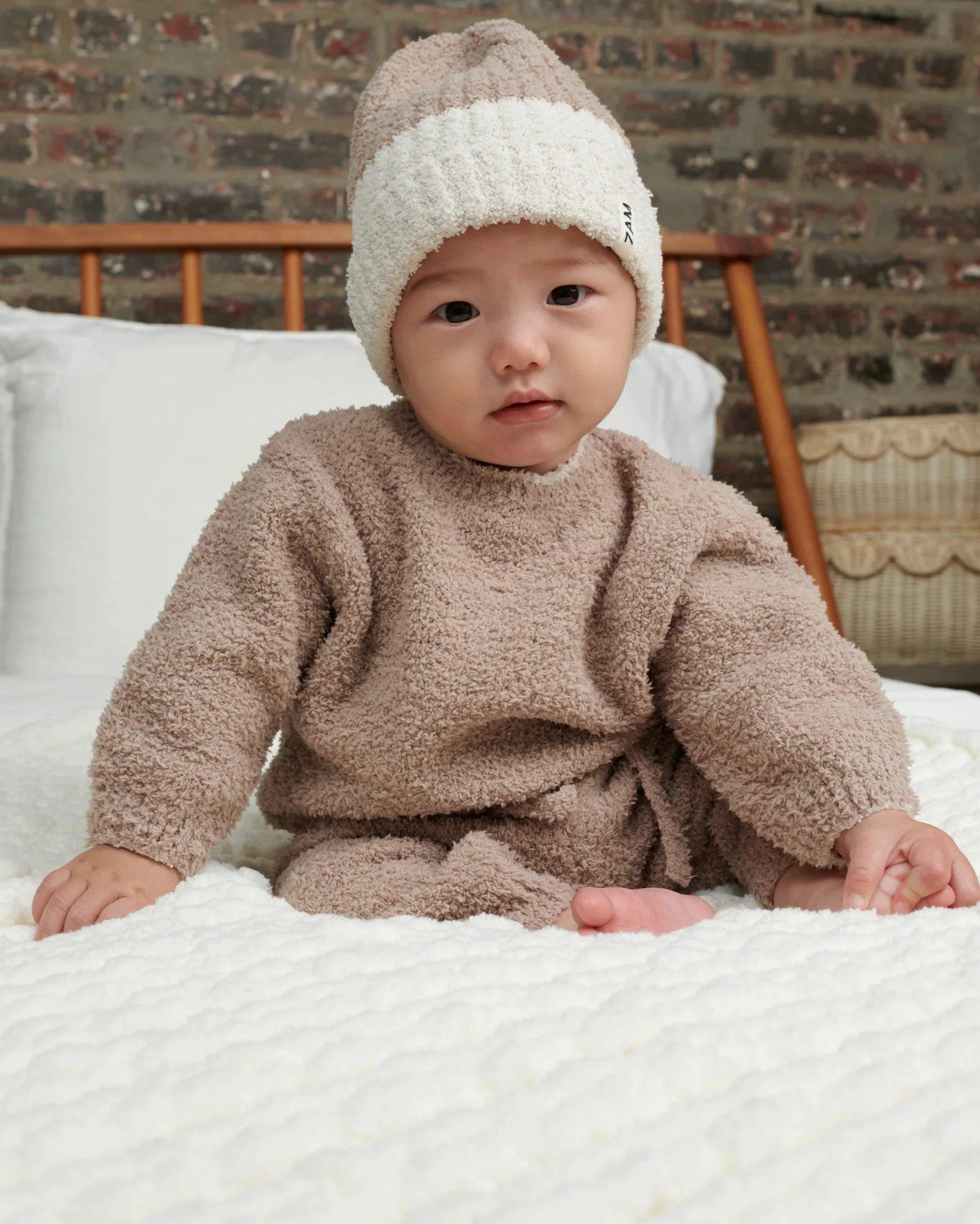 2-Tone Ribbed Beanie Fuzzy - Taupe/Ecru image number 4