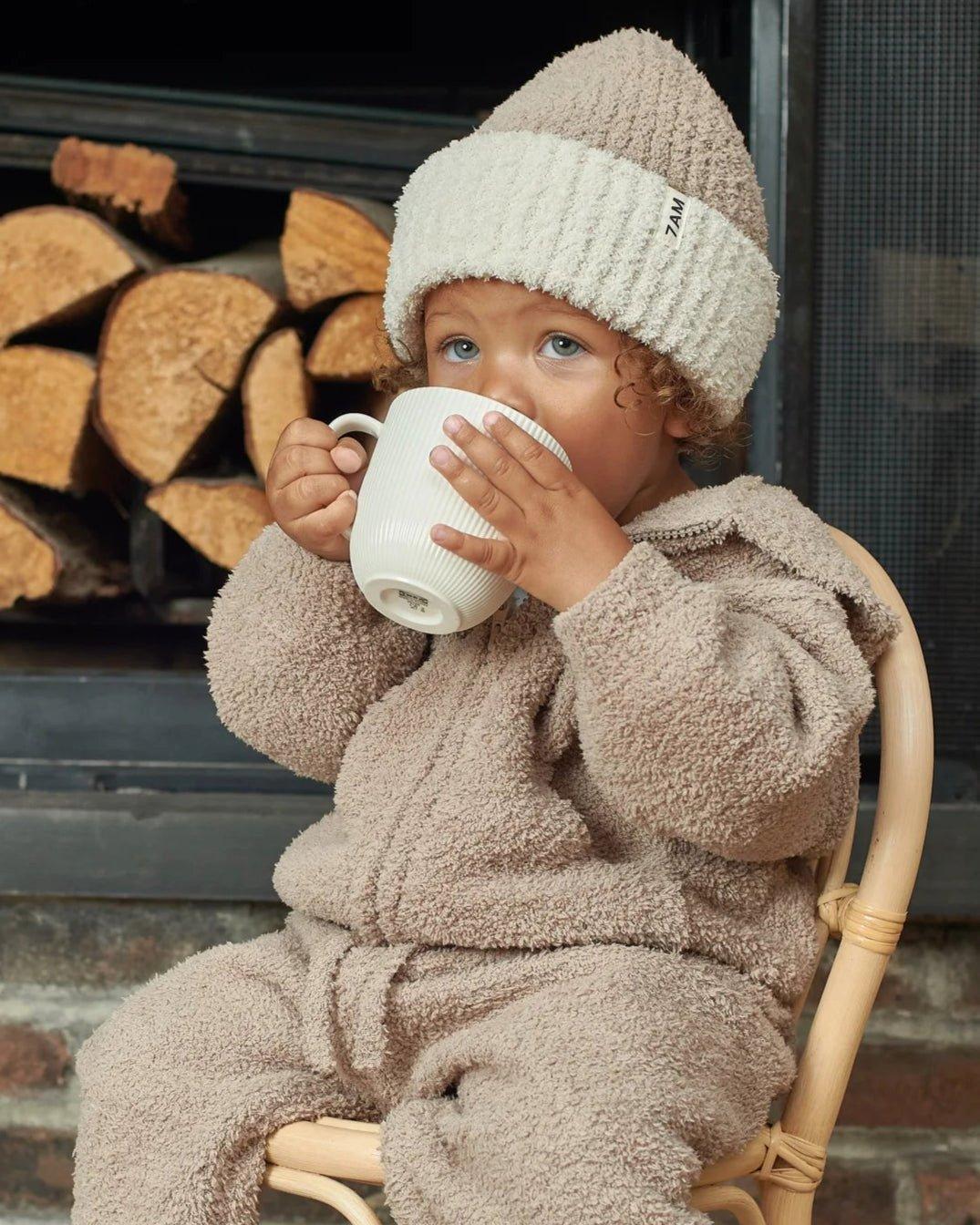2-Tone Ribbed Beanie Fuzzy - Taupe/Ecru image number 1