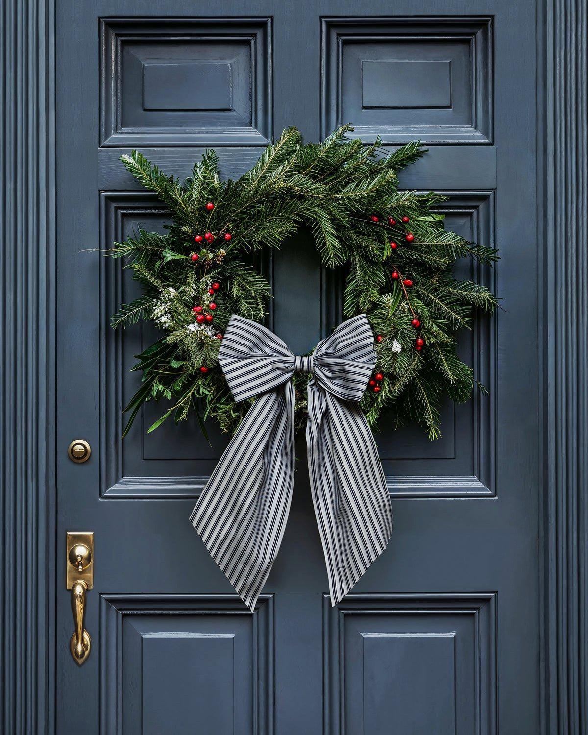 Wreath Bow in Navy French Ticking