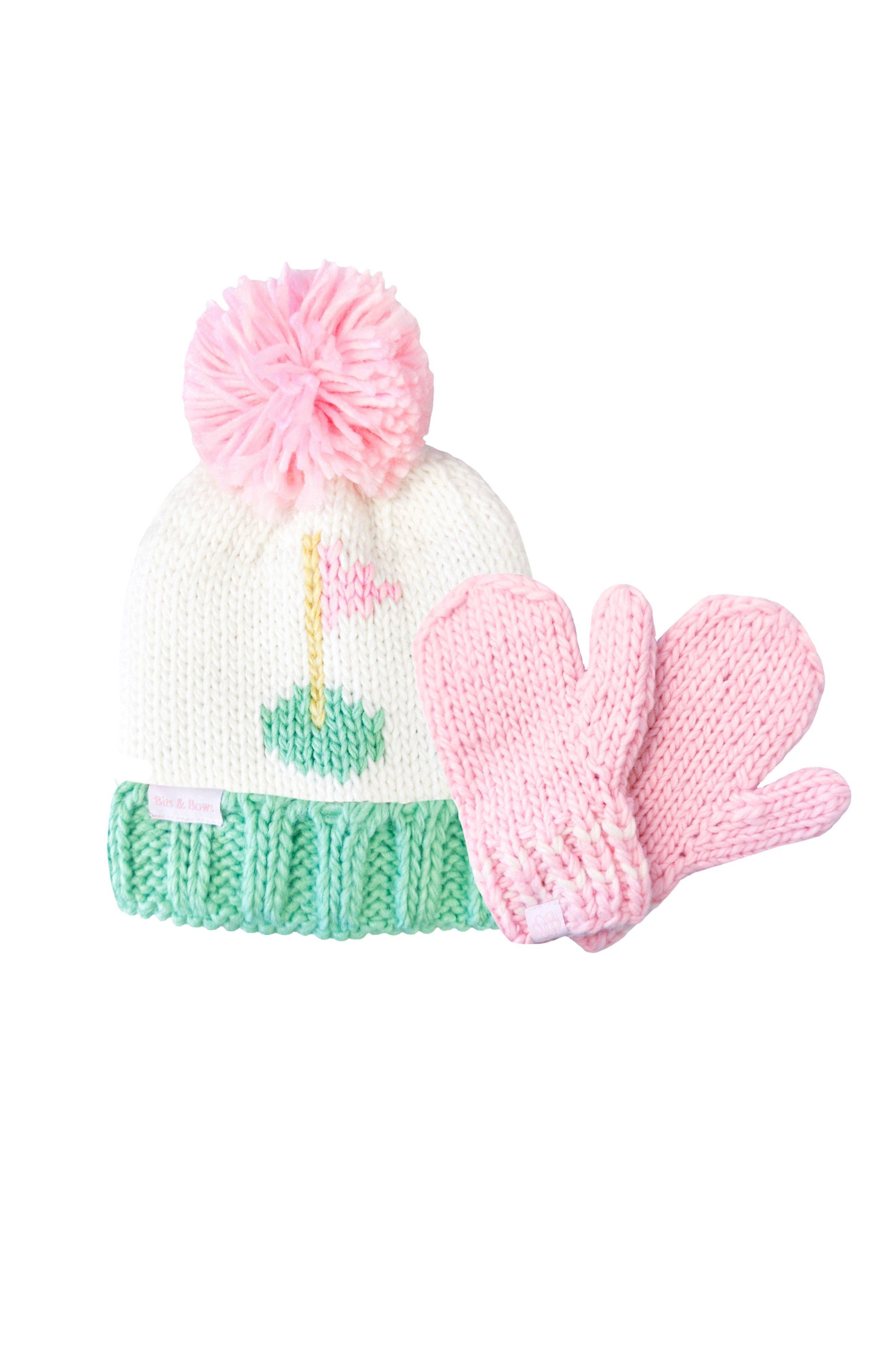 Pink Golf Flag Bobble Hat/Mittens Bundle