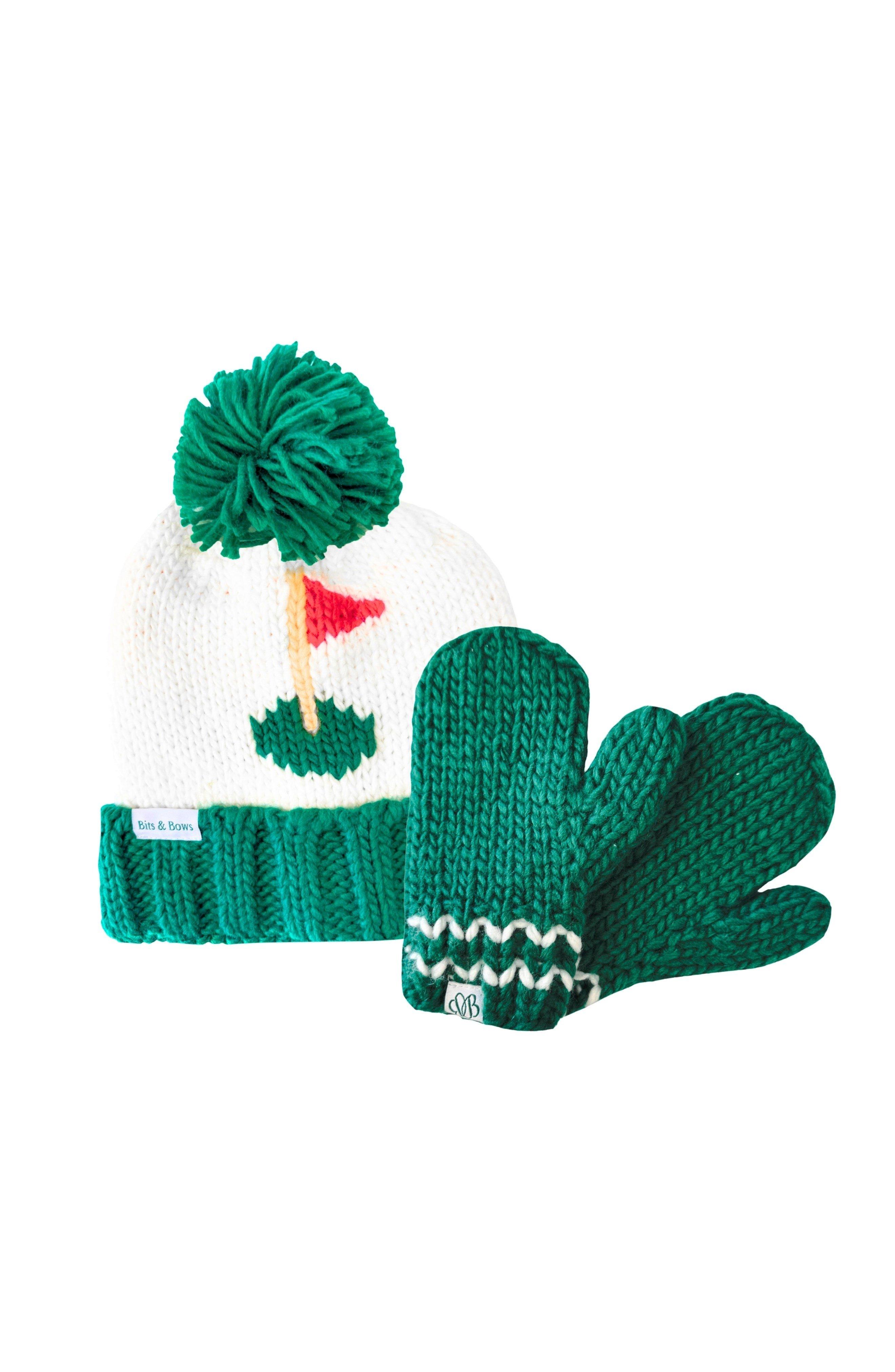 Green Golf Flag Bobble Hat/Mittens Bundle