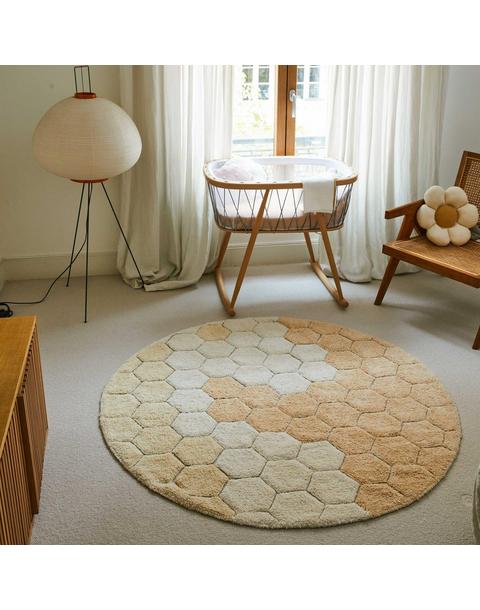 Washable Rug Round Honeycomb Golden