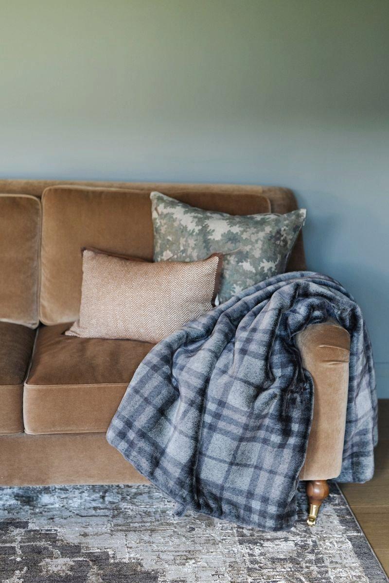 Grand Faux Fur Throw Blanket in Truffle Plaid image number 3